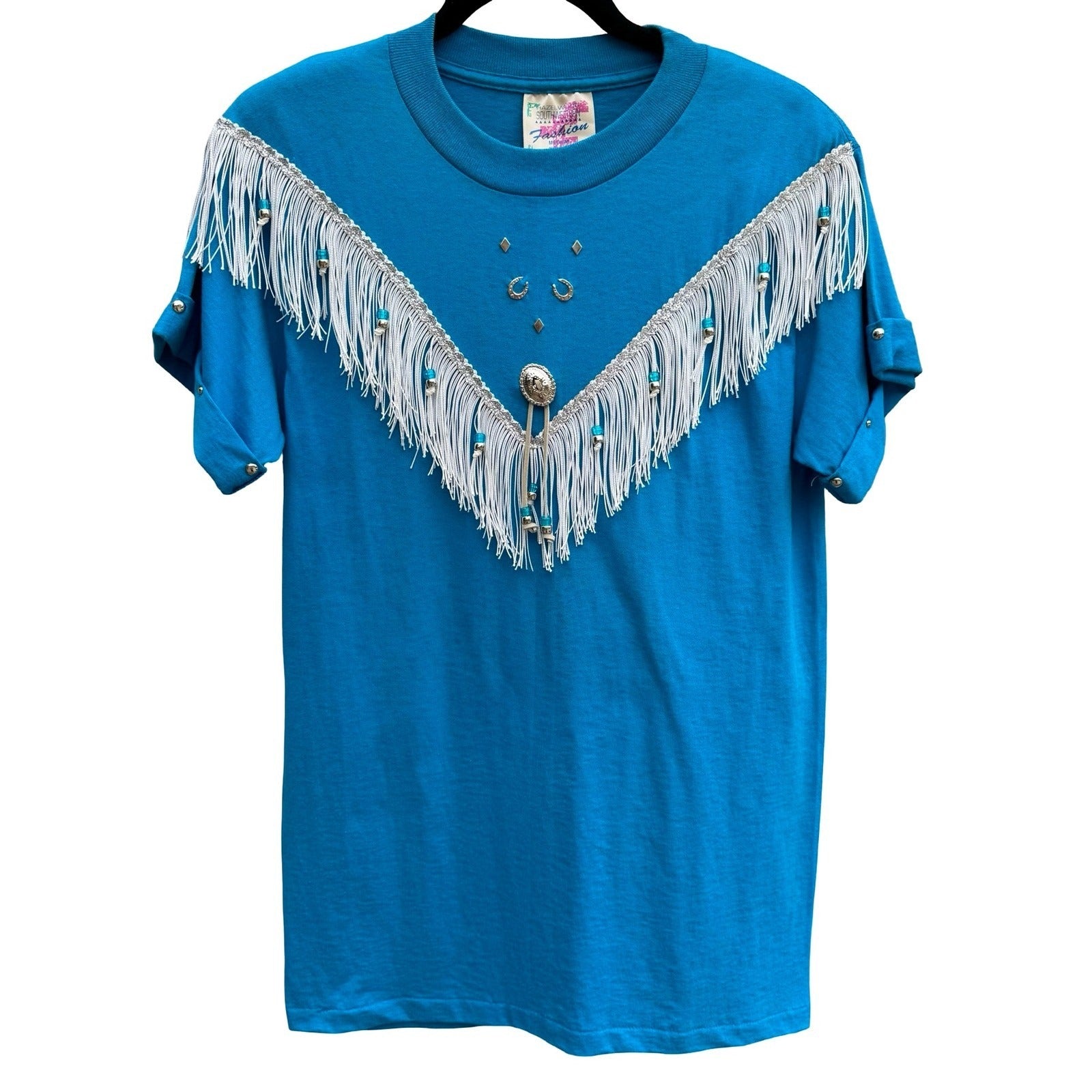 Hazelwood Southwestern Fashion Vintage Turquoise Fringe Studded Concho T-Shirt M