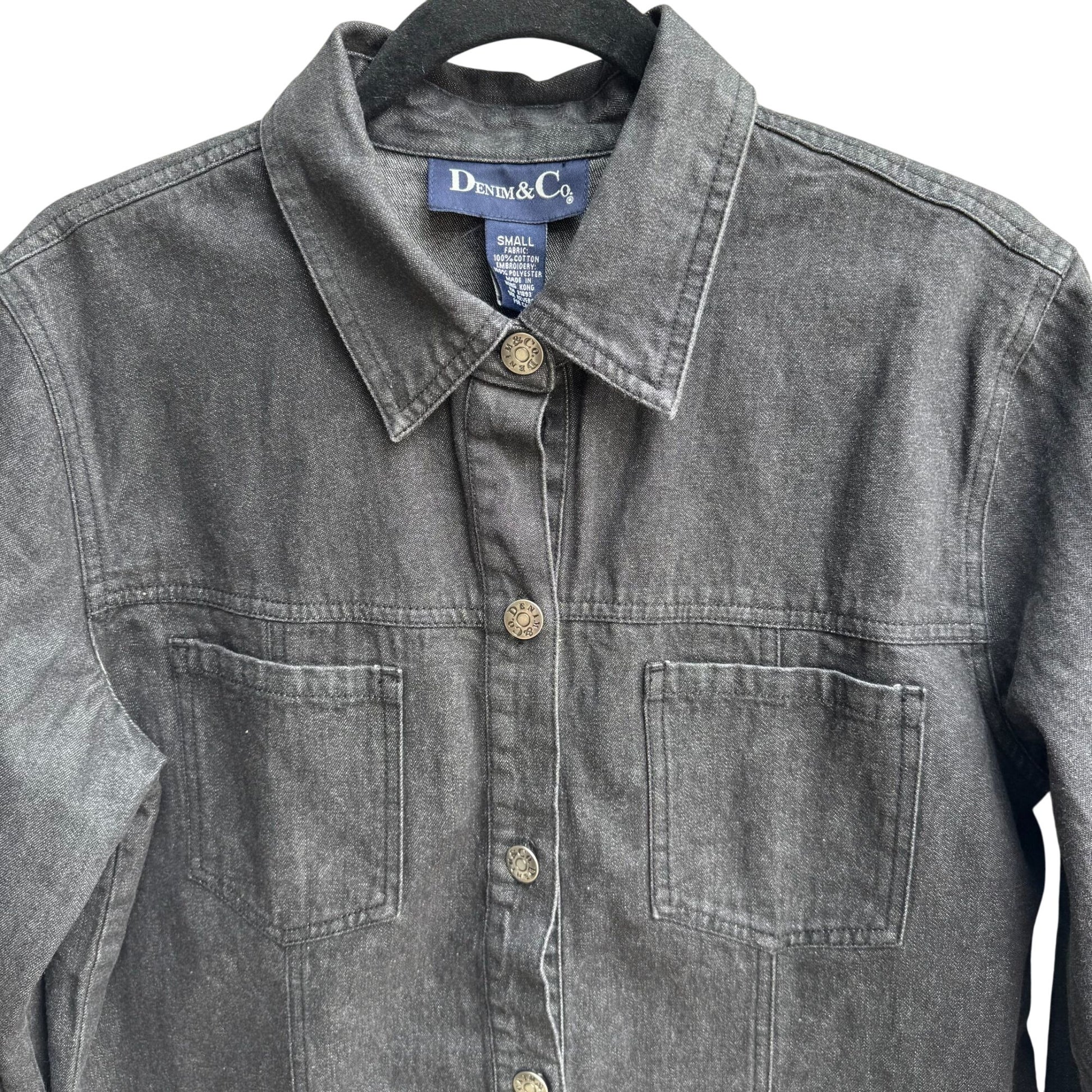 Denim & Co Womens Floral Embroidered Charcoal Gray Button-Up Denim Jacket New S