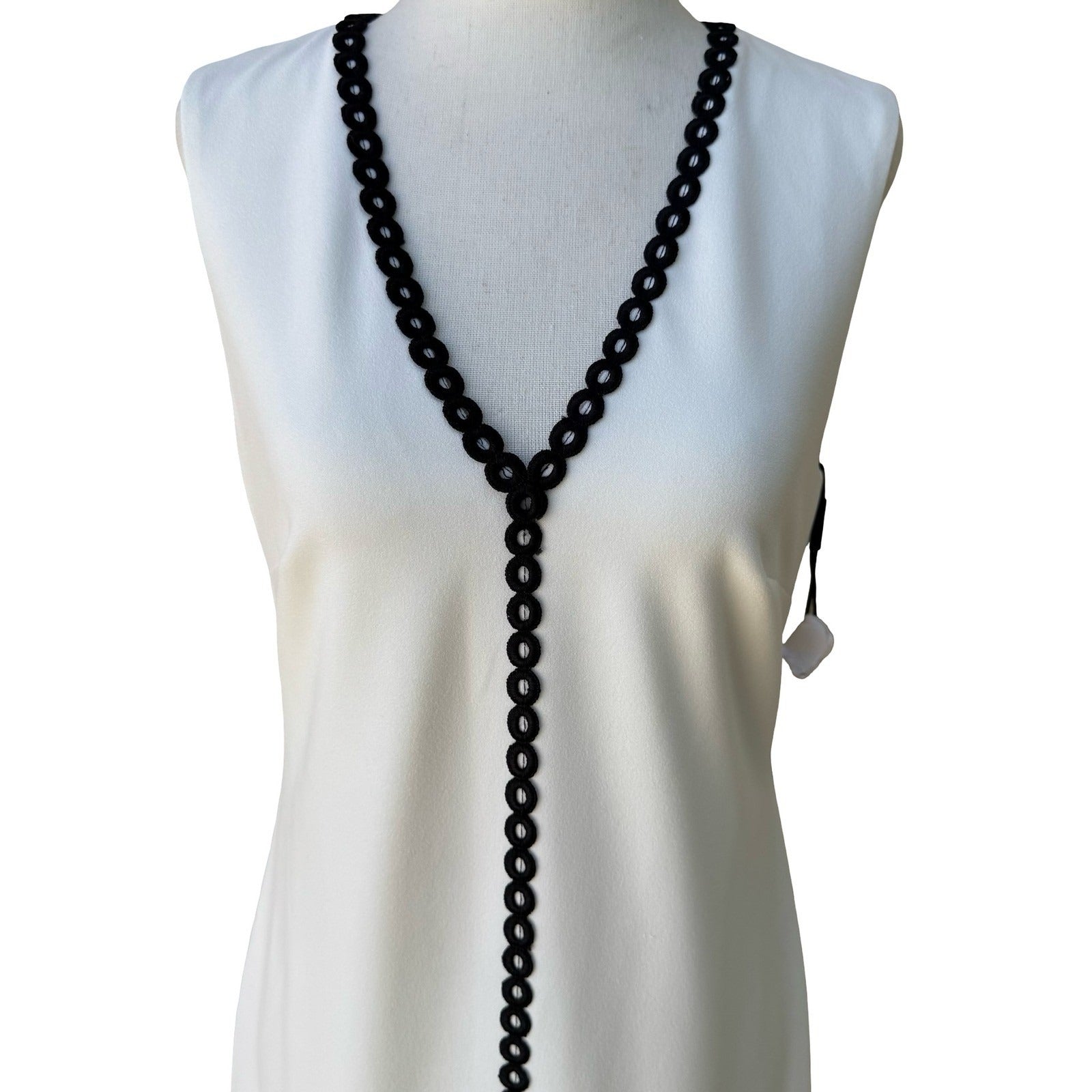Calvin Klein Mod Minimalist Feminine Sleeveless Midi Dress Black Crochet Trim 4