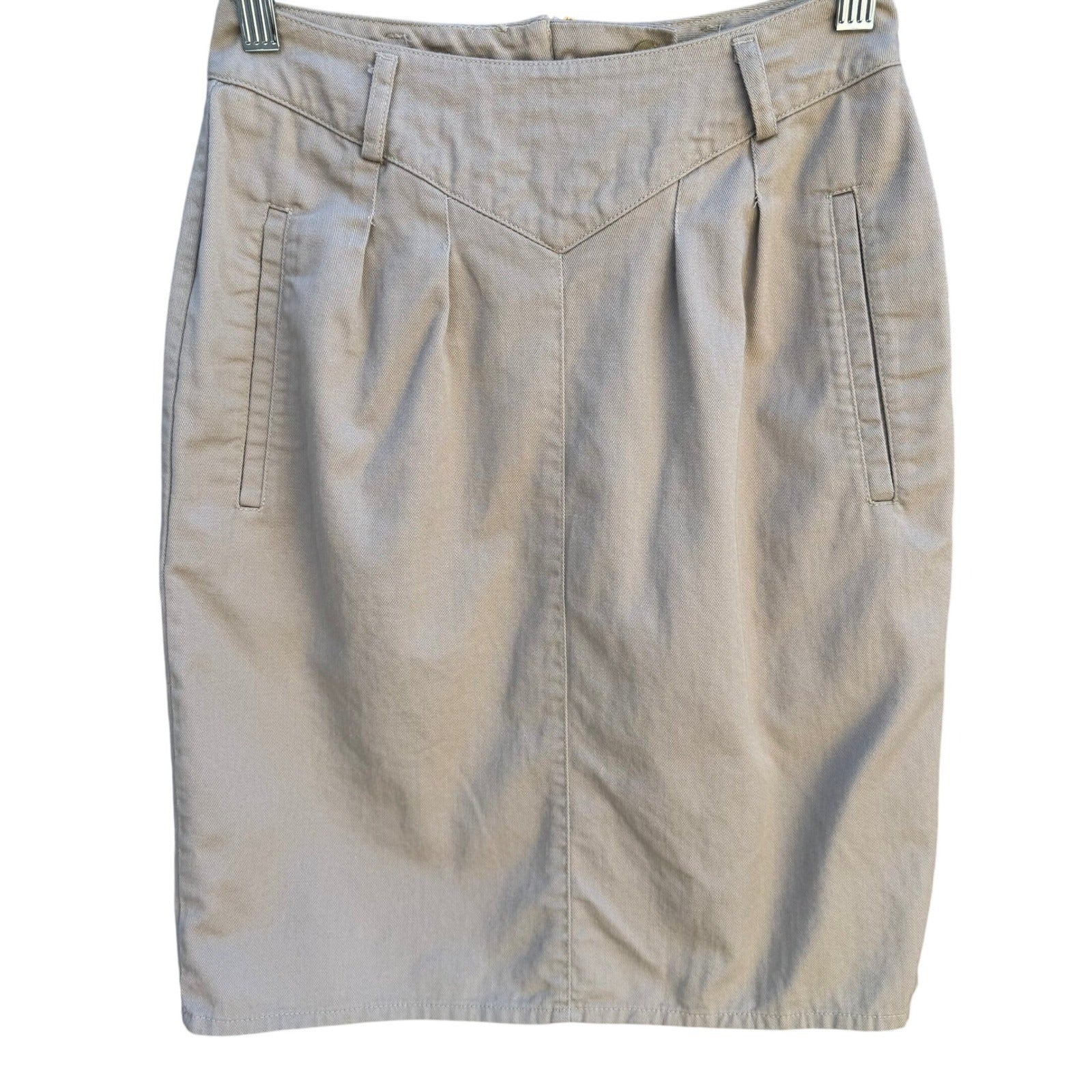 LizSport Vintage 80s Khaki Cotton V-Yoke Pencil Mini Skirt Tan Sz 2P USA Made