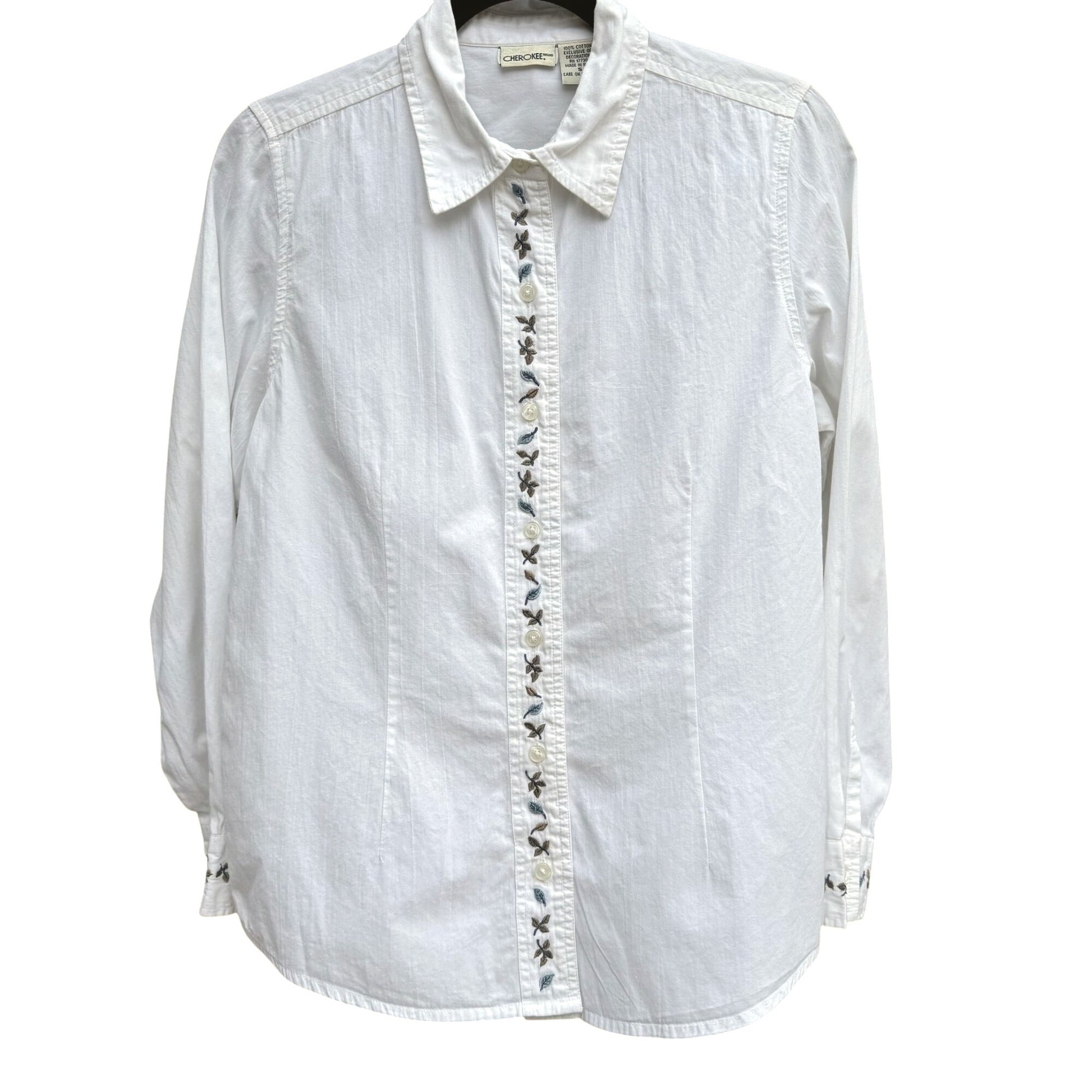 Cherokee Womens Button-Up Floral Embroidery All Cotton Long Sleeve Shirt Blouse