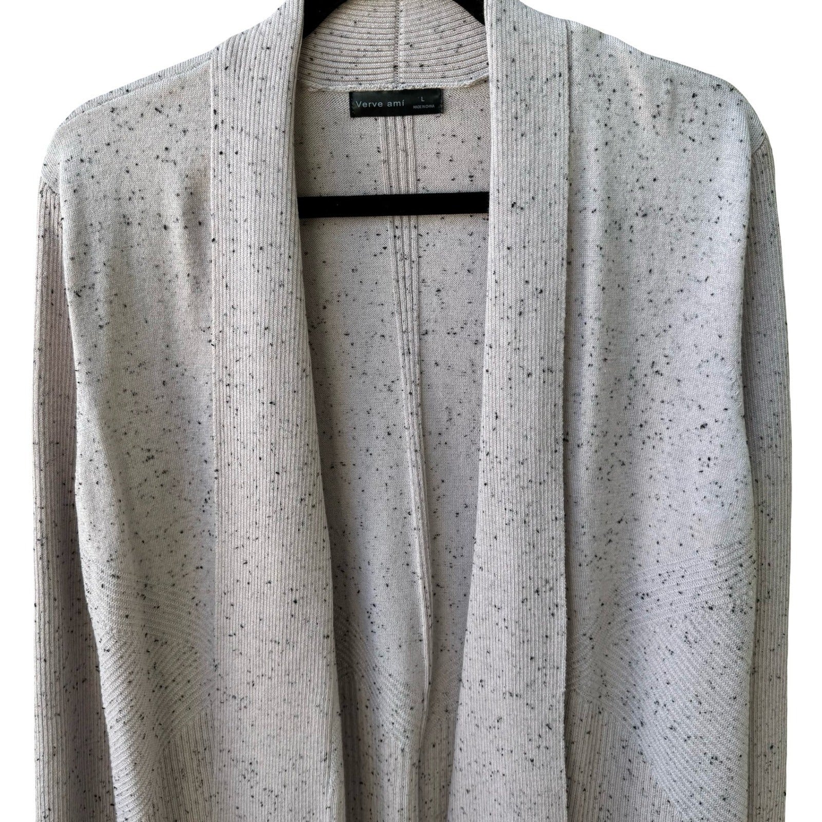Verve Ami Minimalist Layering Speckled Ribbed Open Front Knit Cardigan Sweater L