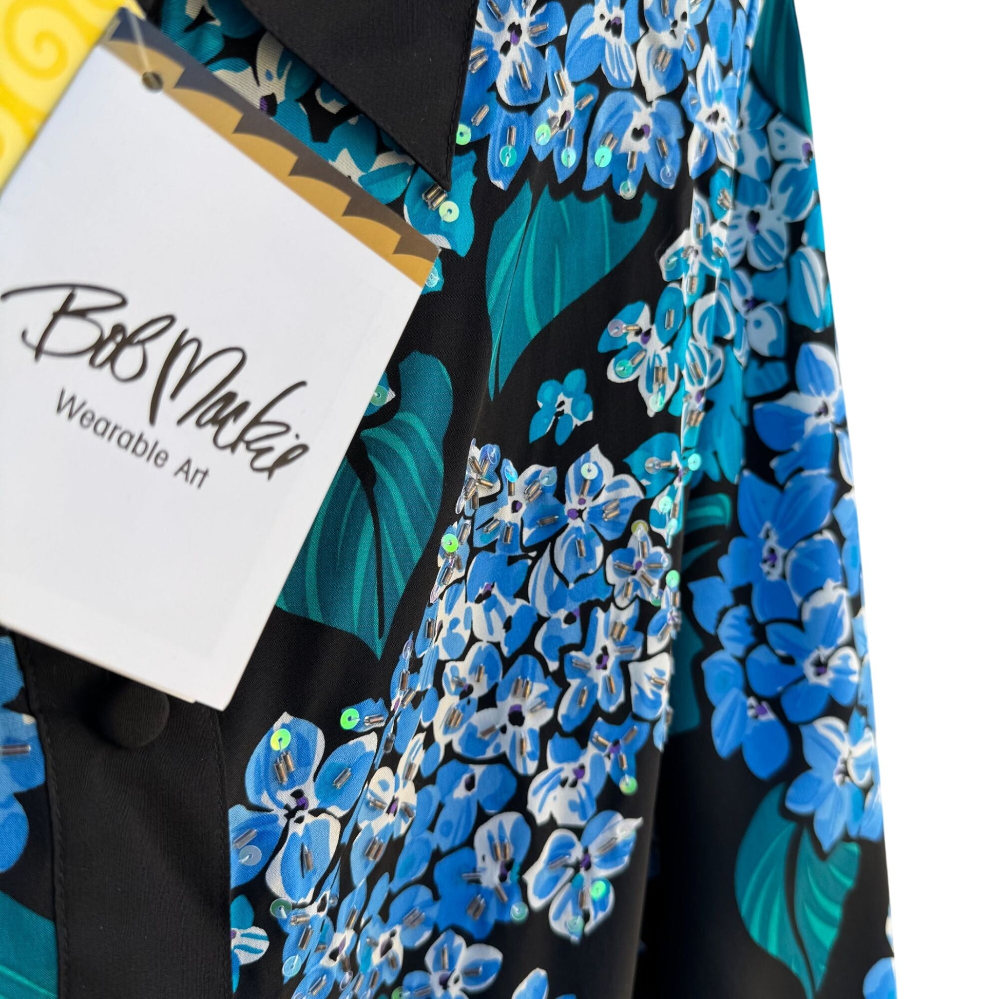 Bob Mackie Wearable Art Silk Hydrangea Beaded Floral Button Down Shirt New M