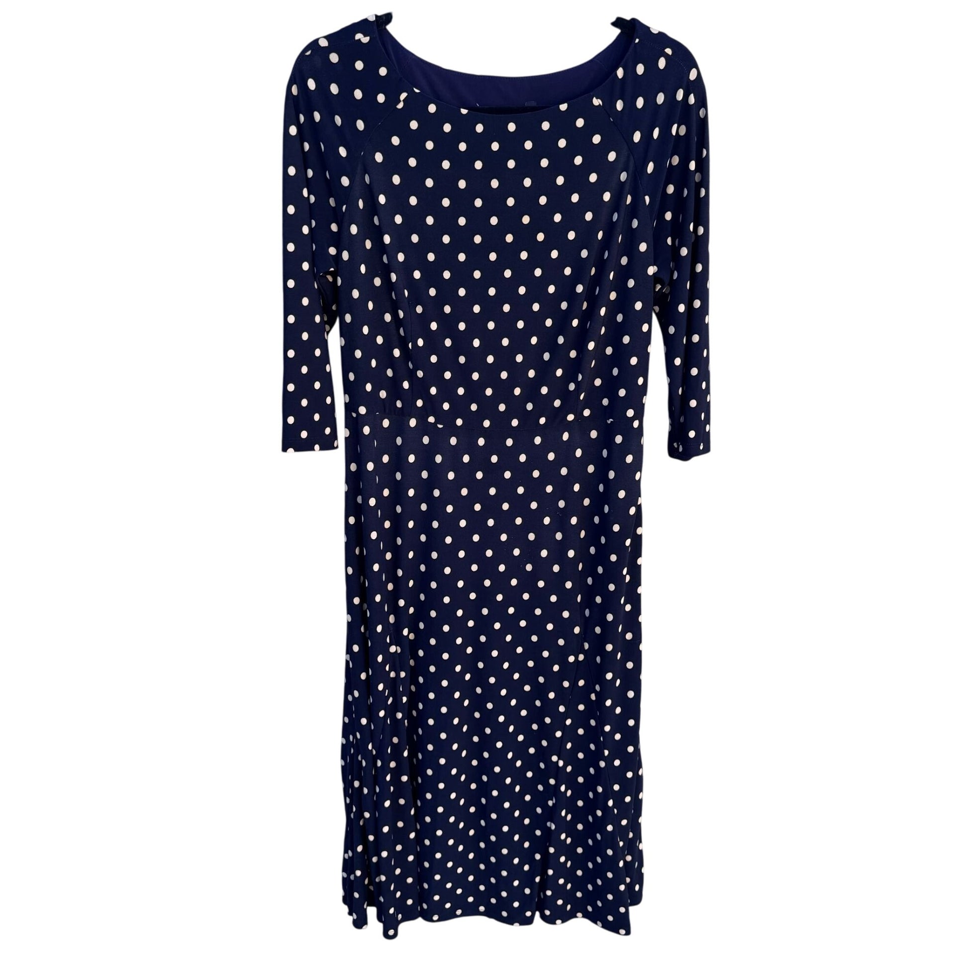 Vintage Womens Preppy Navy Jersey Polka Dot Long Sleeve Full Skirt Midi Dress