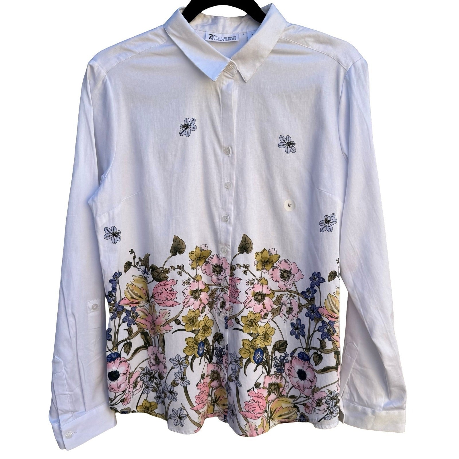 New York & Company 7th Avenue White Floral Border Print Button Down Shirt M NEW