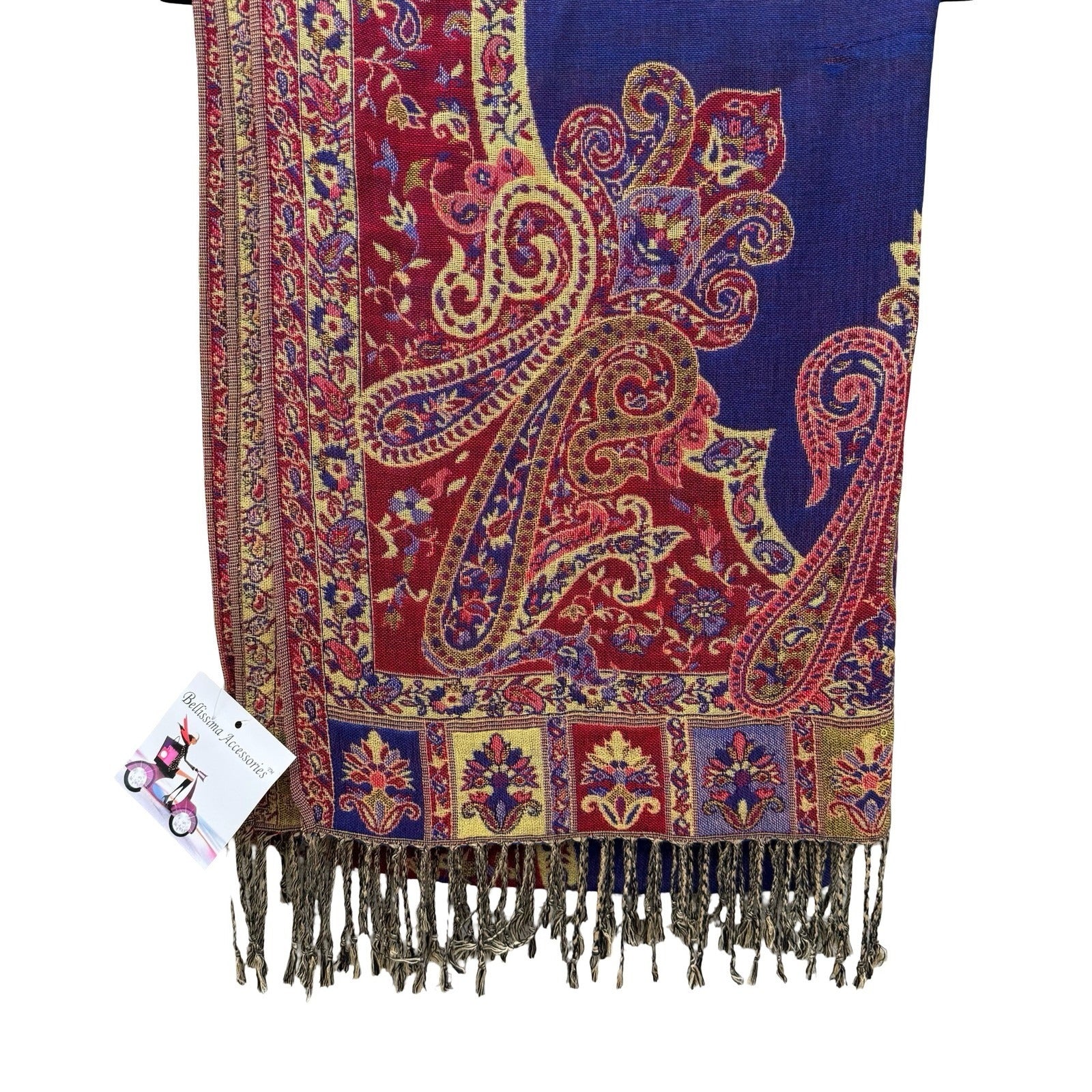 Bellissima Accessories Paisley Jacquard Scarf Blue Red Fringed Pashmina Wrap NEW