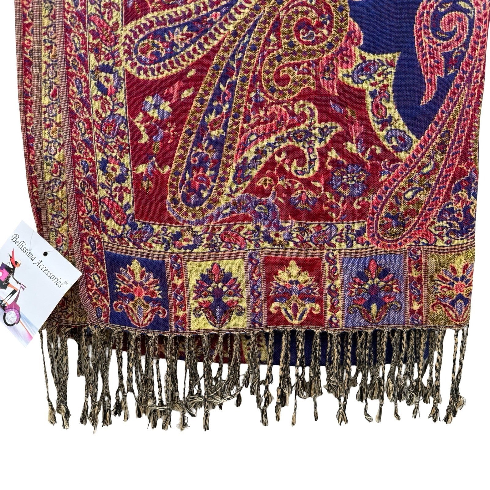 Bellissima Accessories Paisley Jacquard Scarf Blue Red Fringed Pashmina Wrap NEW