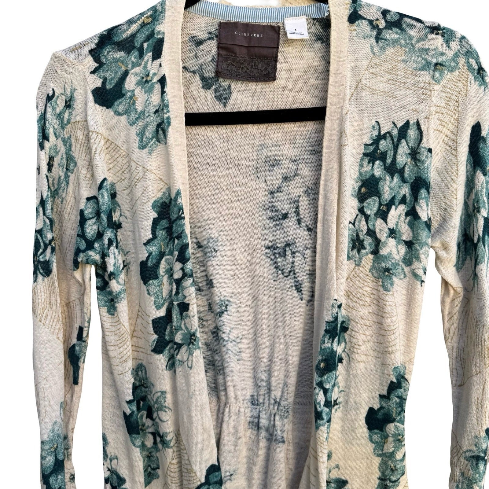 Guinevere Anthropologie Floral Open Front Cardigan Teal Gold Metallic Cottage S