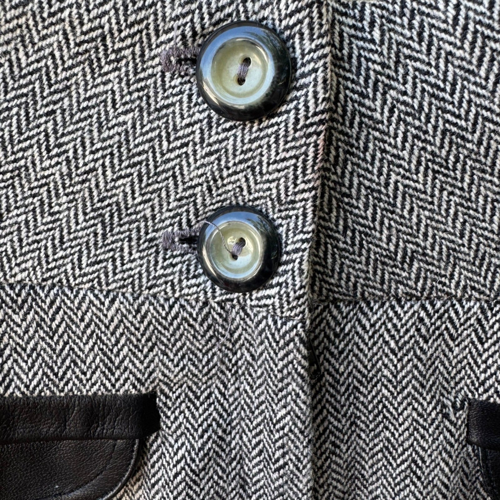 Louis Verdad Y2K Quiet Luxury Tailored Herringbone Wool Blend Leather Trim Pants