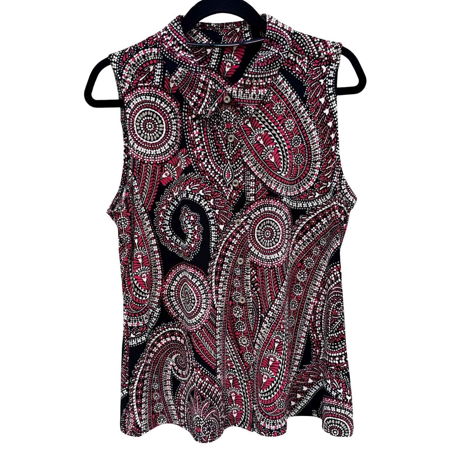 Tommy Hilfiger Womens Pink Black Paisley Sleeveless Button Up Blouse Psychedelic