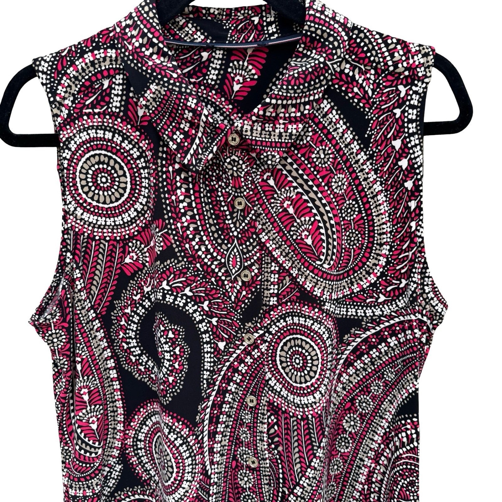 Tommy Hilfiger Womens Pink Black Paisley Sleeveless Button Up Blouse Psychedelic