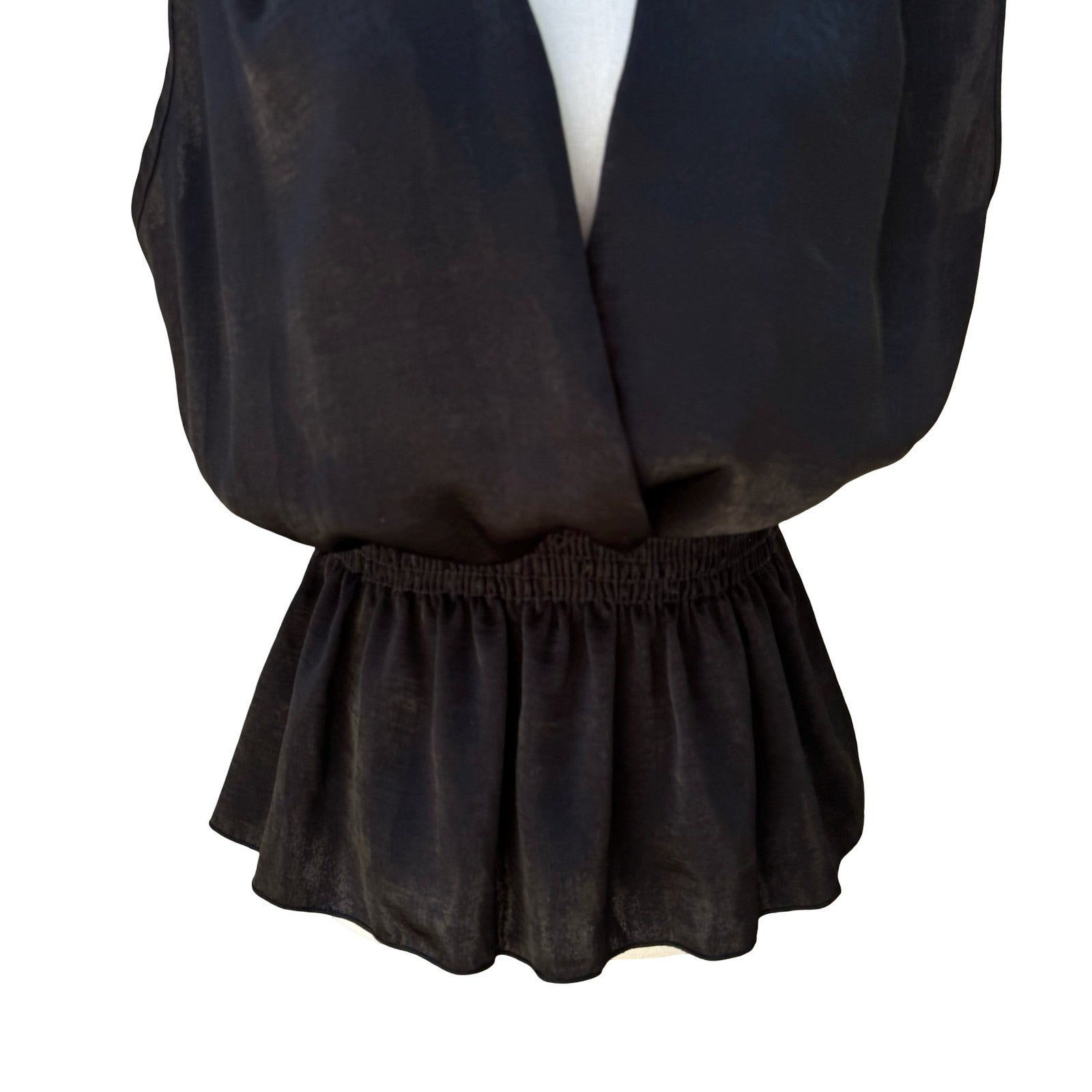 Blue Sketch Y2K Satin Surplice Peplum Blouse Smocked Waist Whimsigoth Black L