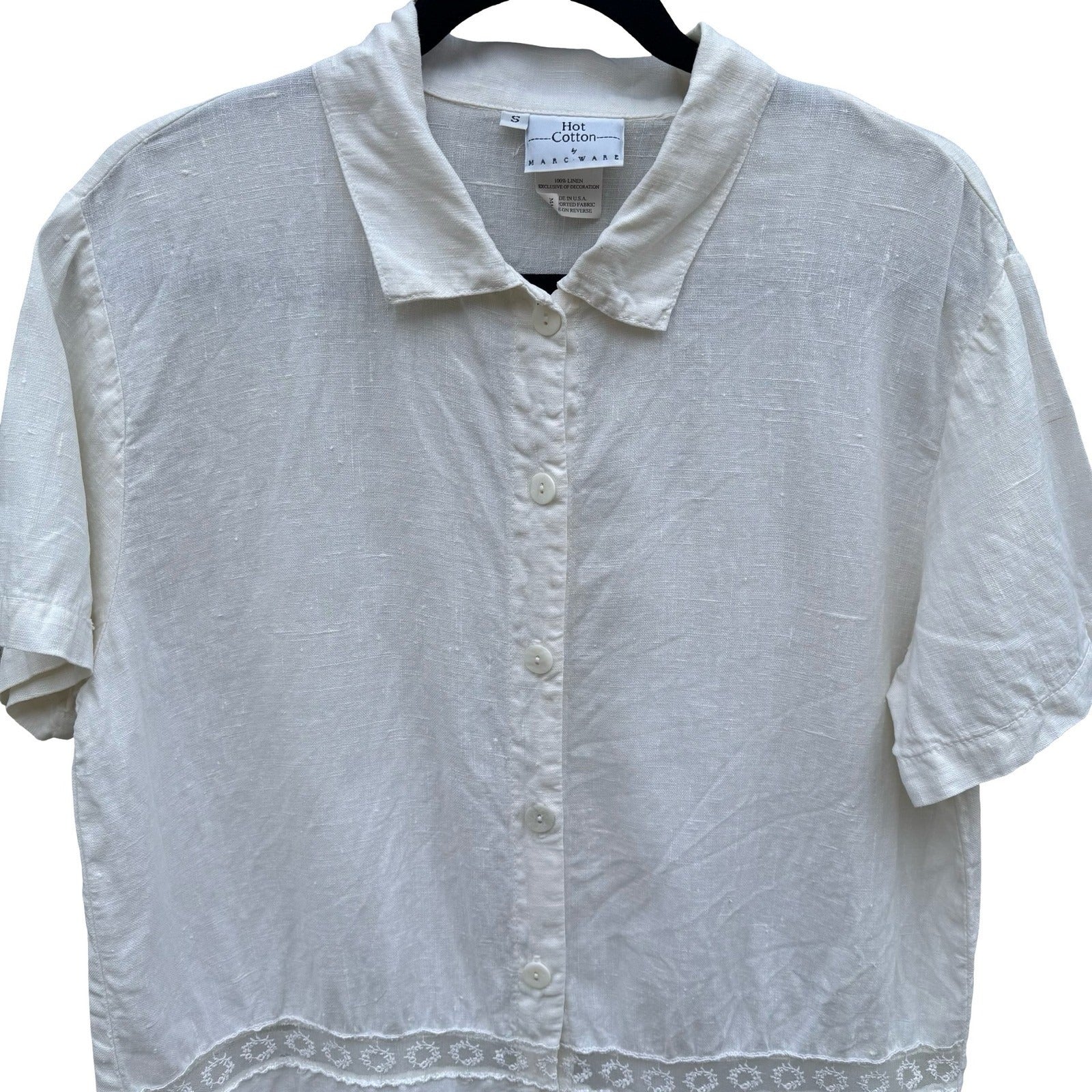 Hot Cotton Marc Ware White Linen Lace Trim Button Down Shirt Short Sleeve Small
