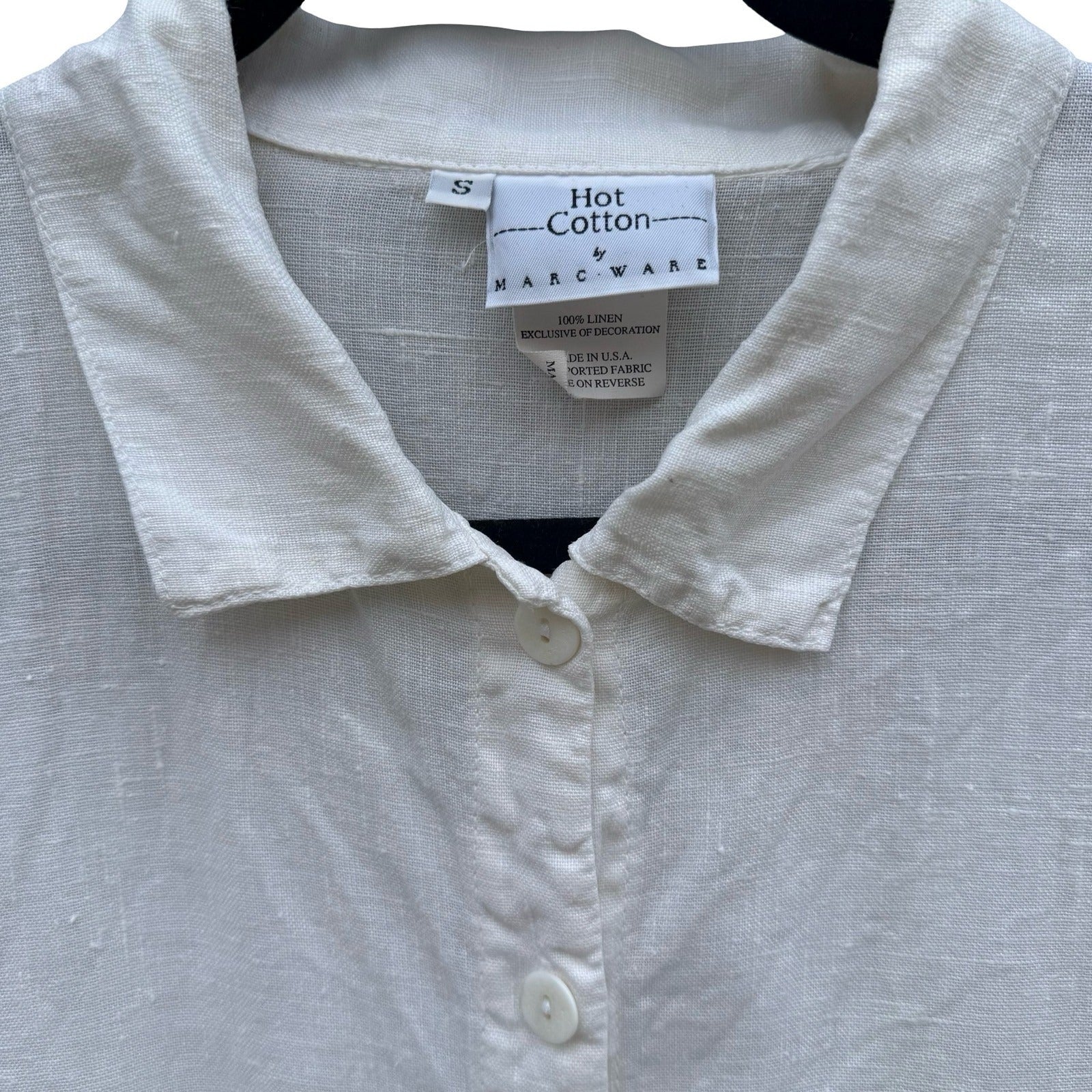 Hot Cotton Marc Ware White Linen Lace Trim Button Down Shirt Short Sleeve Small