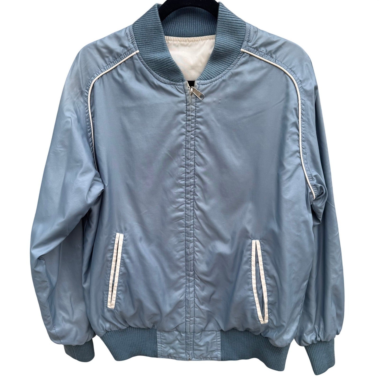 Vintage Reversible Bomber Jacket Blue Cream Zipper Ribbed Trim Mens L Streetwear