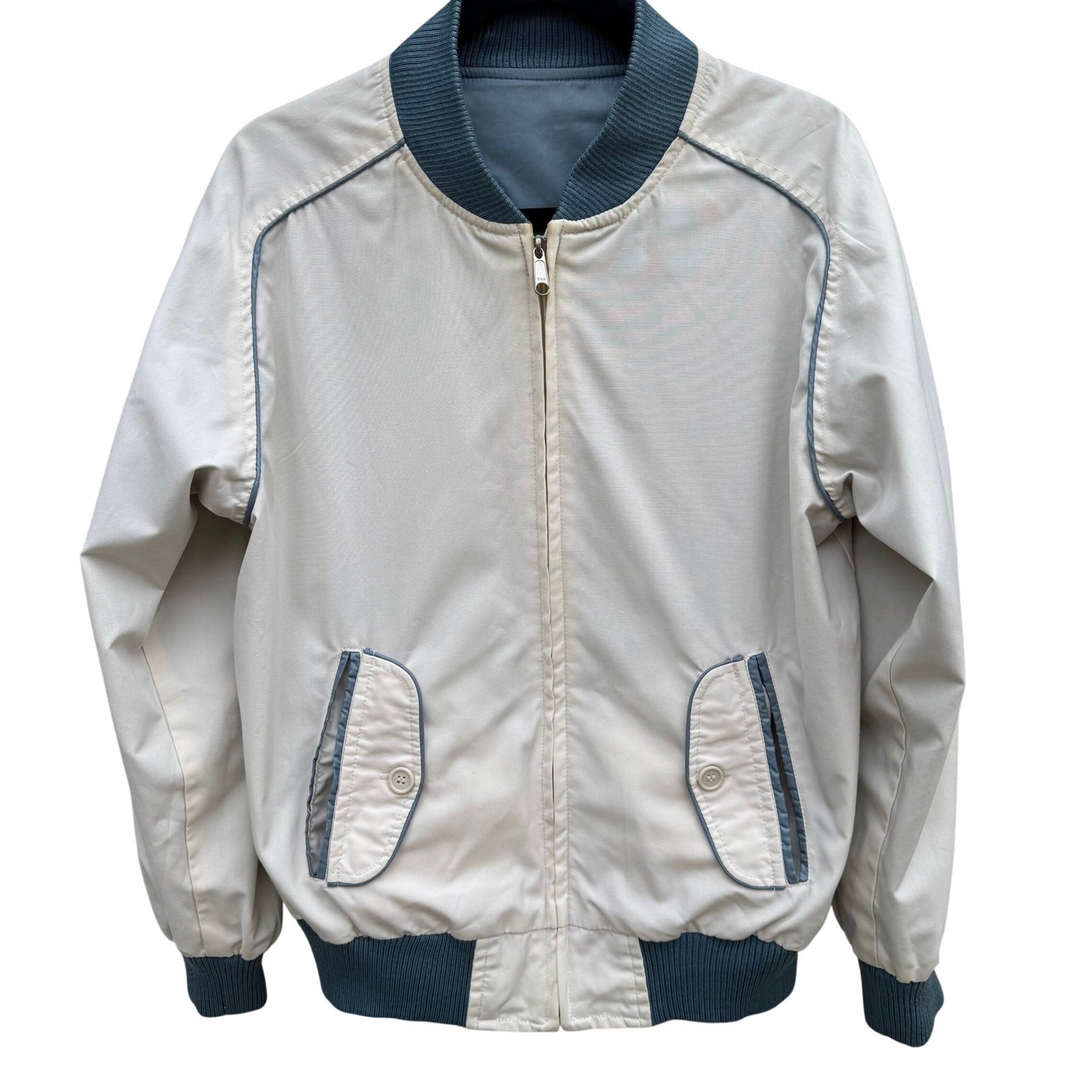 Vintage Reversible Bomber Jacket Blue Cream Zipper Ribbed Trim Mens L Streetwear