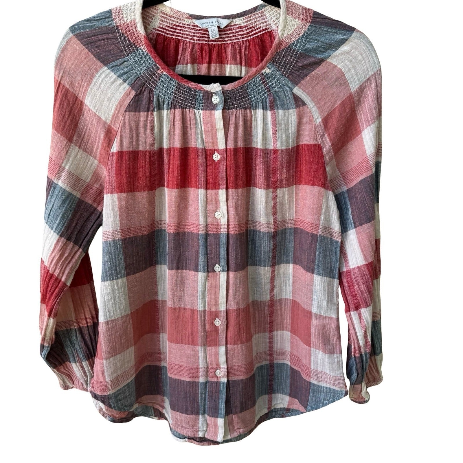 Lucky Brand Coastal Plaid Gauzy Cotton Linen Smocked Boho Peasant Tunic Blouse S