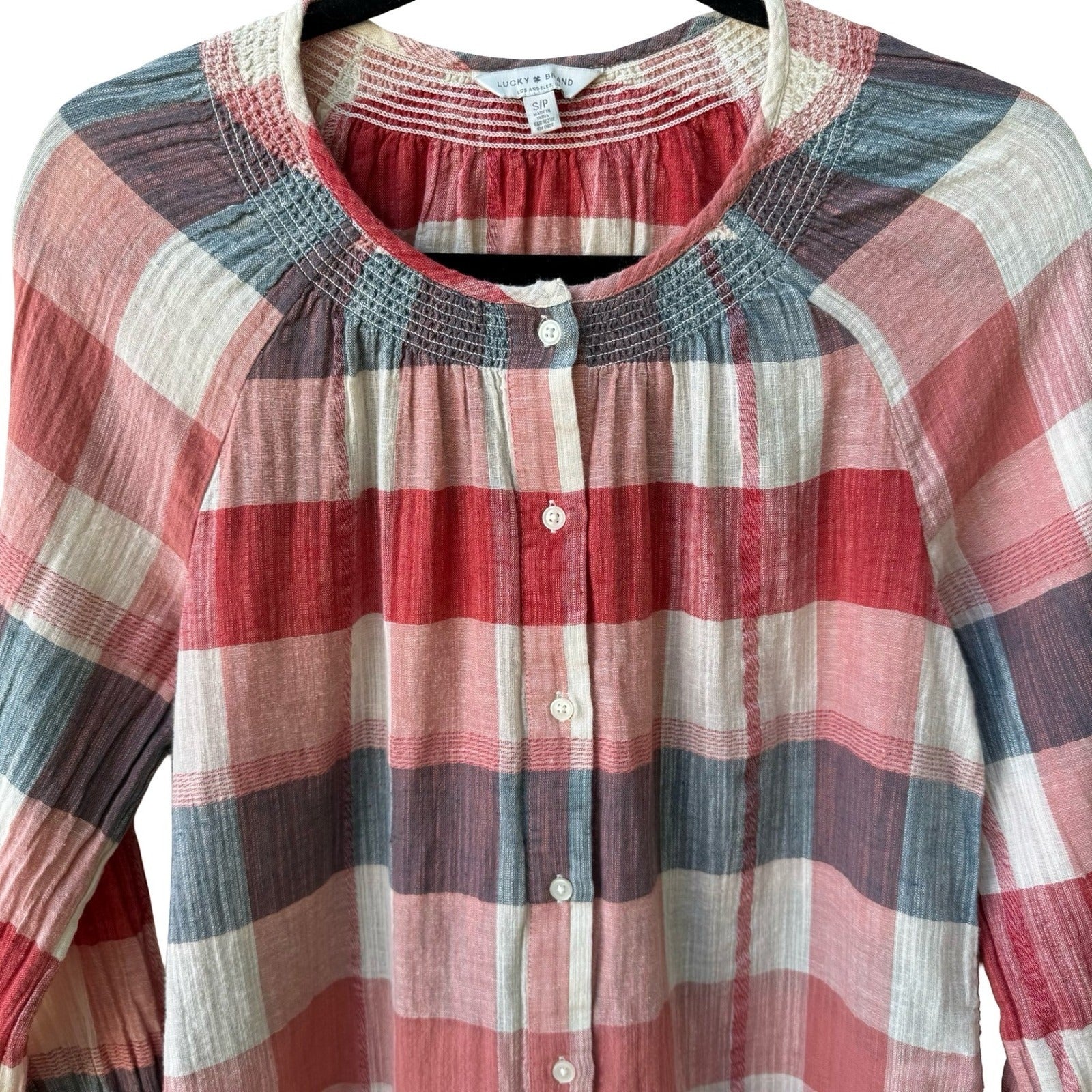 Lucky Brand Coastal Plaid Gauzy Cotton Linen Smocked Boho Peasant Tunic Blouse S