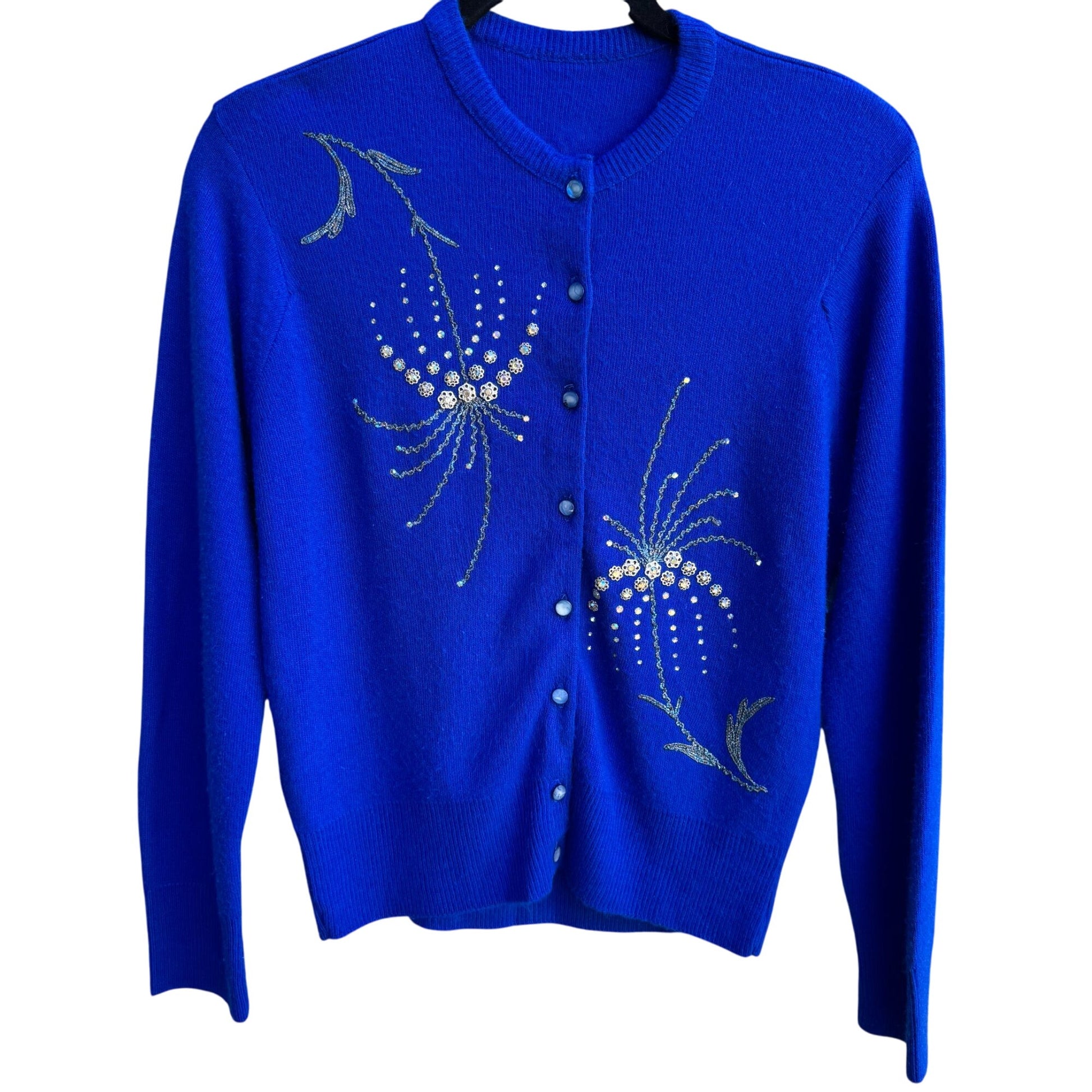 Vintage Royal Blue Cashmere Beaded Floral Whimsical Embellished Cardigan Sweater