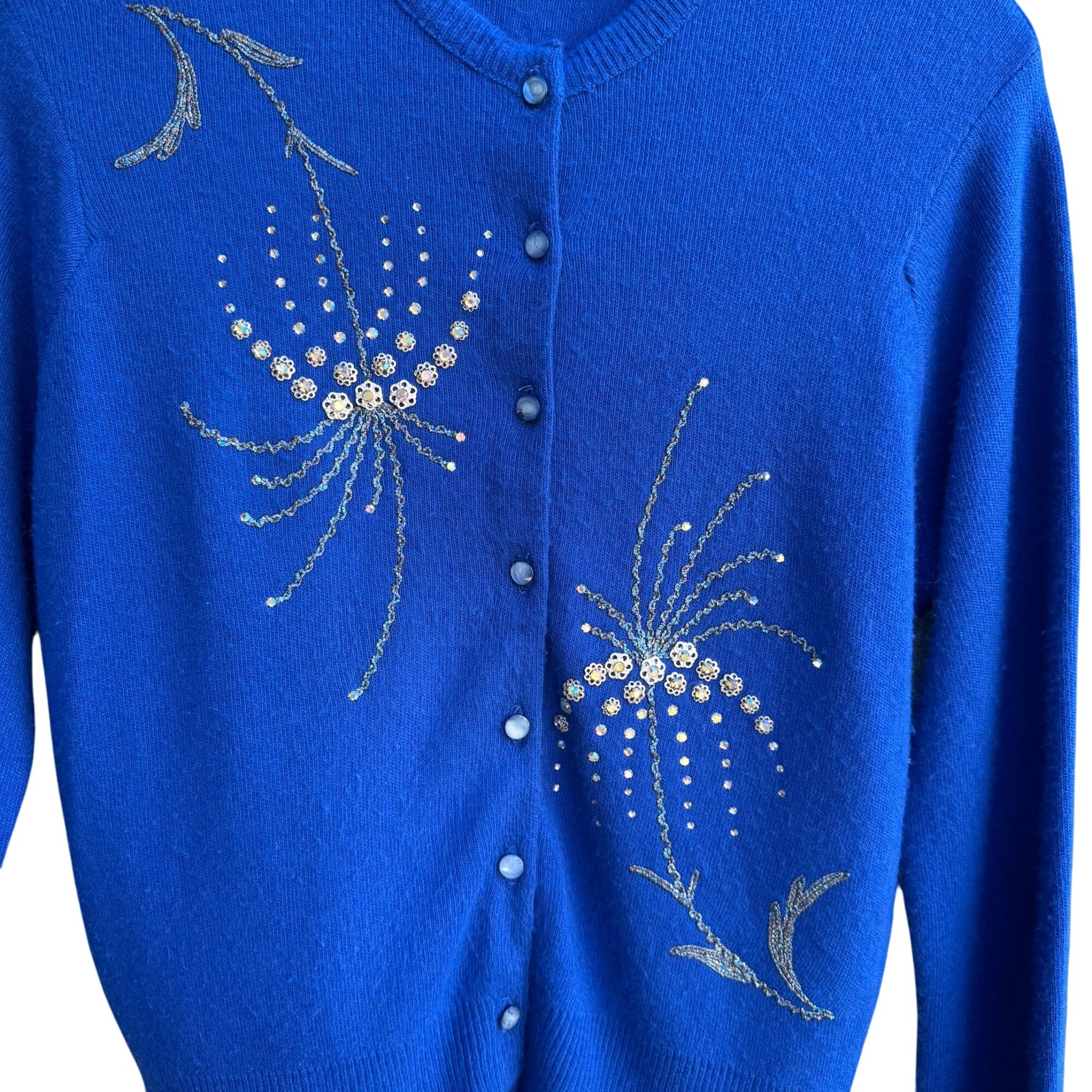 Vintage Royal Blue Cashmere Beaded Floral Whimsical Embellished Cardigan Sweater