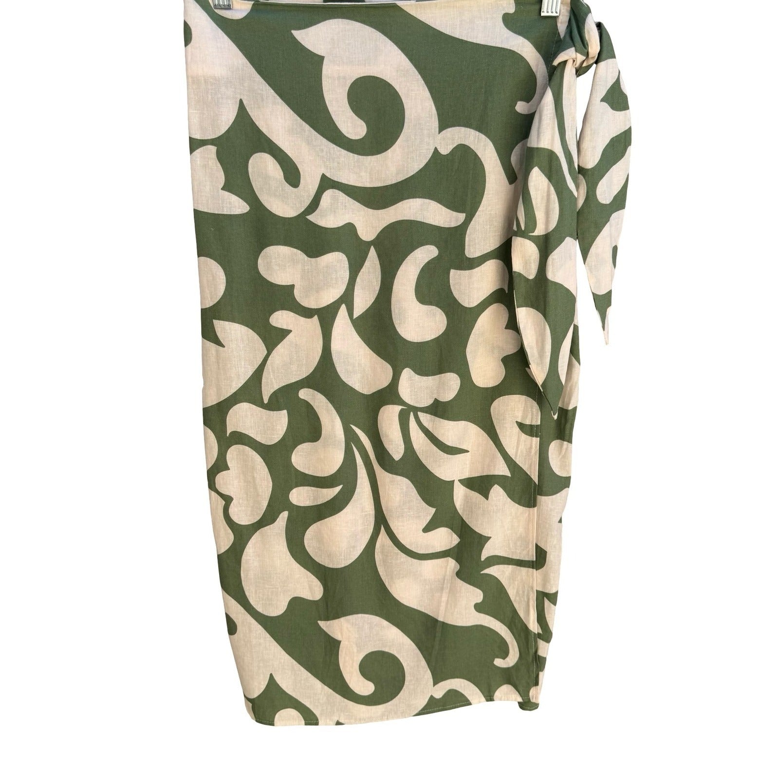 Rachael Zoe Green Abstract Botanical Linen Blend Wrap Midi Skirt Side Tie OS