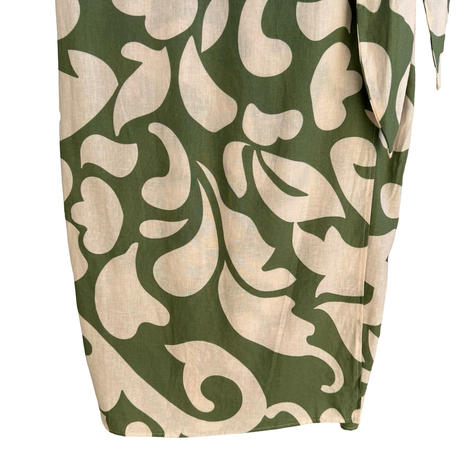 Rachael Zoe Green Abstract Botanical Linen Blend Wrap Midi Skirt Side Tie OS