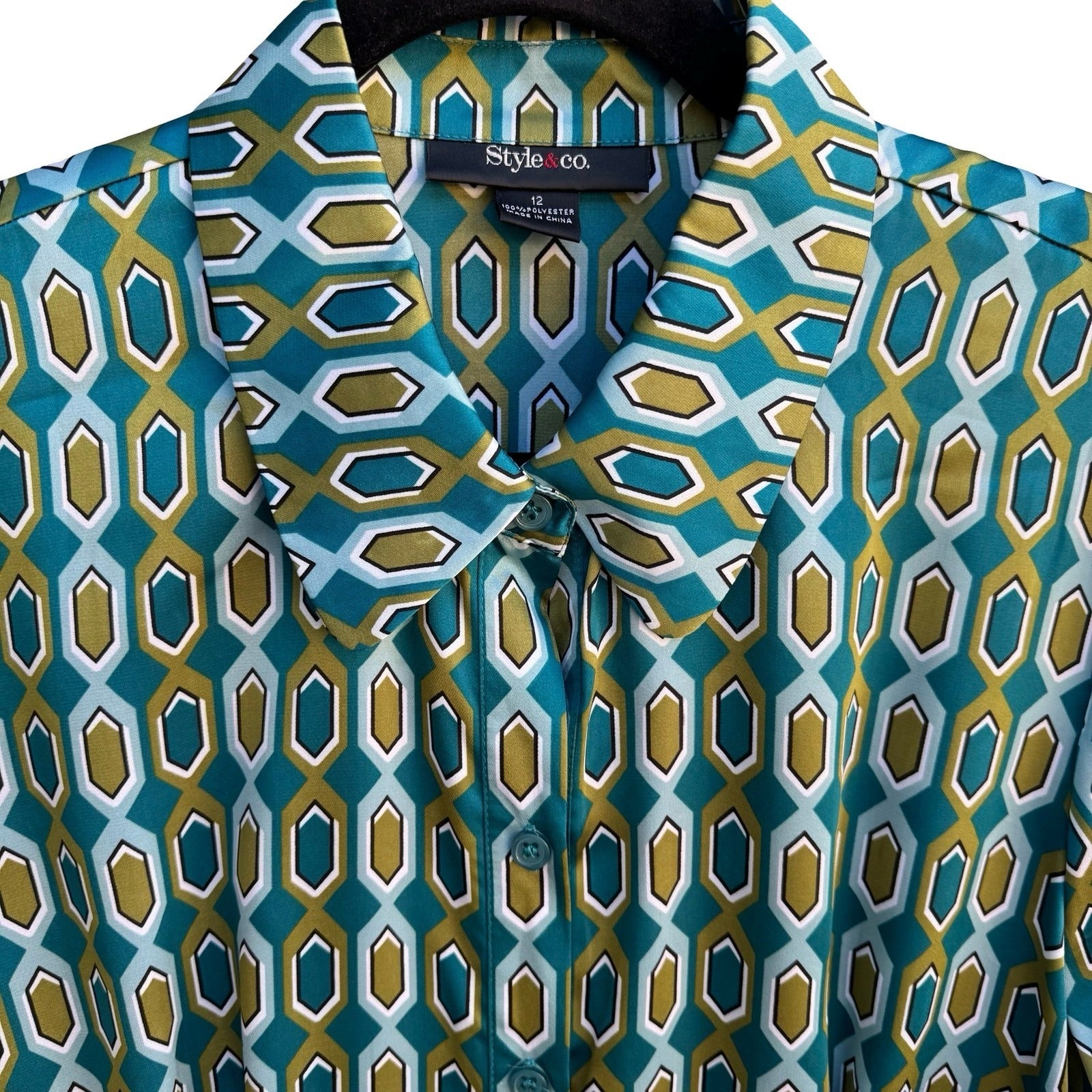 Style & Co Mod 70s Style Preppy Geometric Honeycomb Bell Sleeve Blouse Teal 12