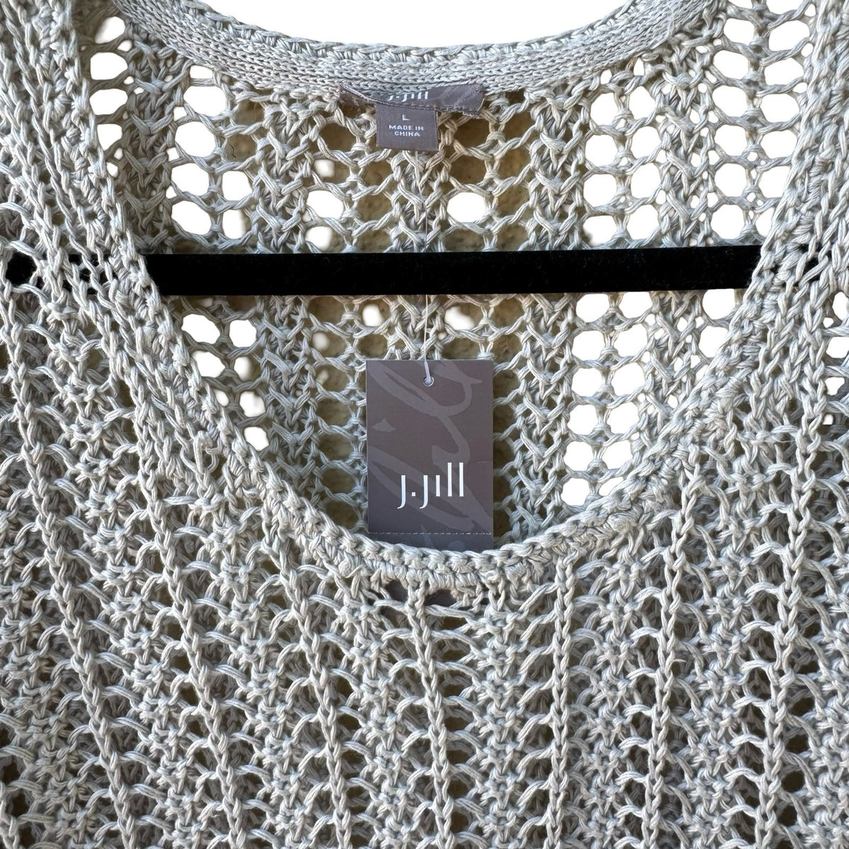J. Jill 100% Linen Lagenlook Open Knit Mesh Coastal V-Neck Sweater Grey L NEW