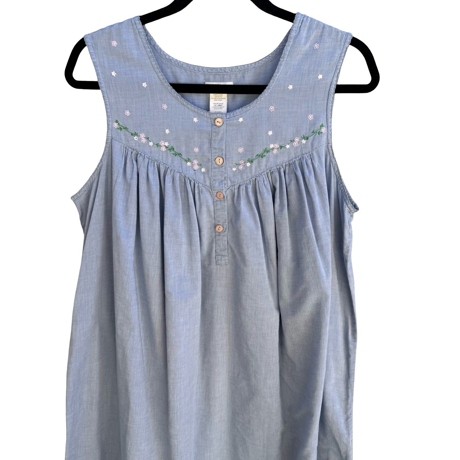 Secret Treasures Cotton Floral Embroidered Sleeveless Nightgown Cottage Blue L