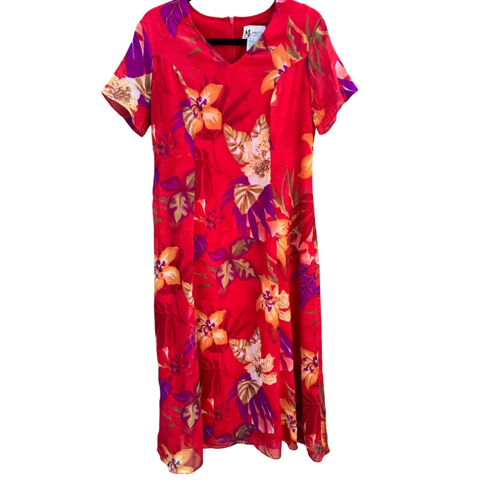 Maggie Sweet Vintage 90s Red Tropical Floral Chiffon Midi Dress Petite Small