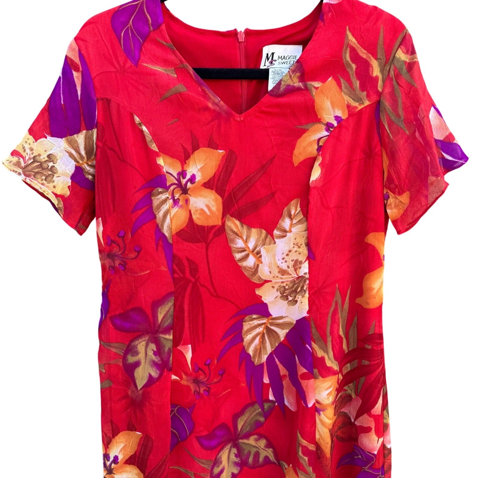 Maggie Sweet Vintage 90s Red Tropical Floral Chiffon Midi Dress Petite Small