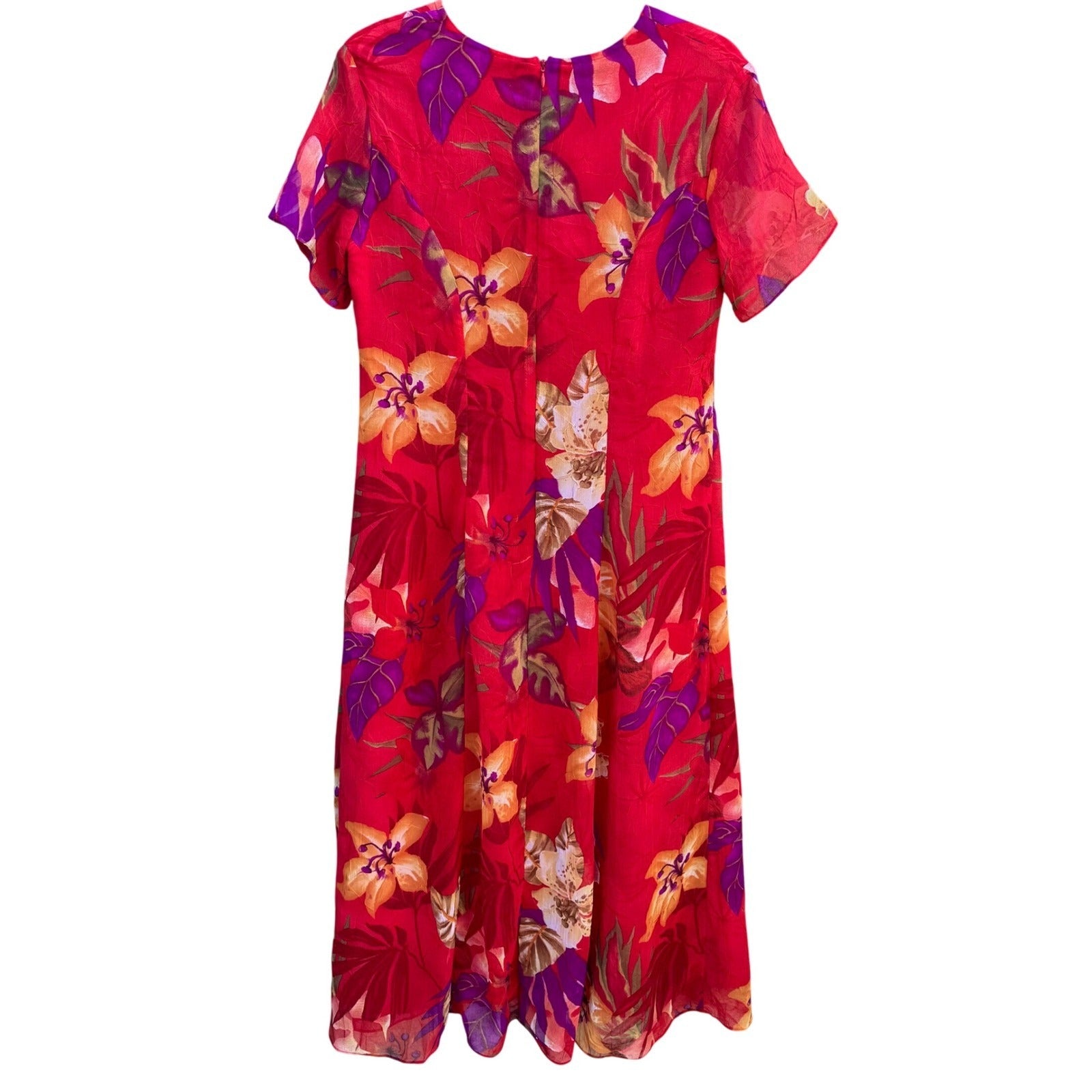 Maggie Sweet Vintage 90s Red Tropical Floral Chiffon Midi Dress Petite Small