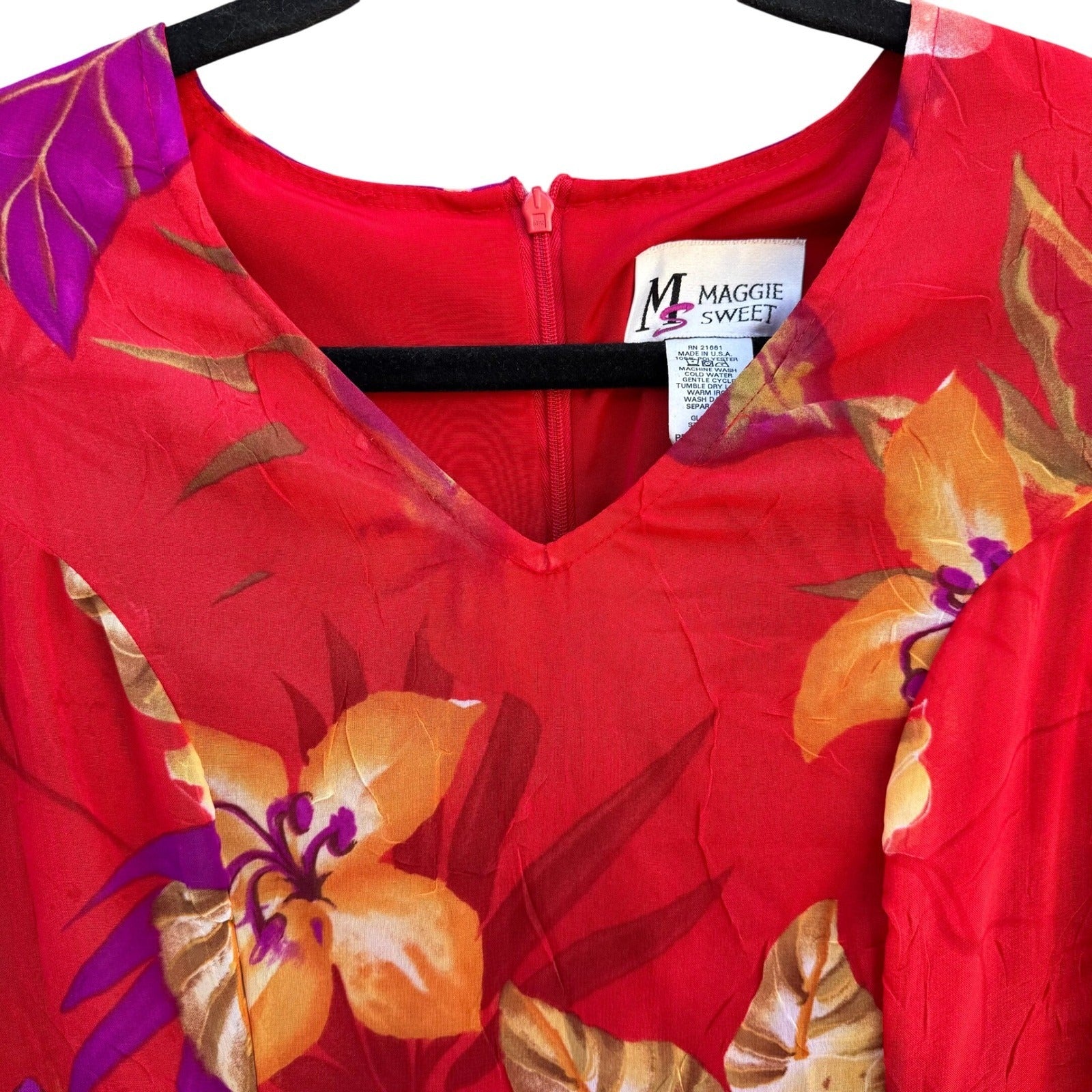 Maggie Sweet Vintage 90s Red Tropical Floral Chiffon Midi Dress Petite Small