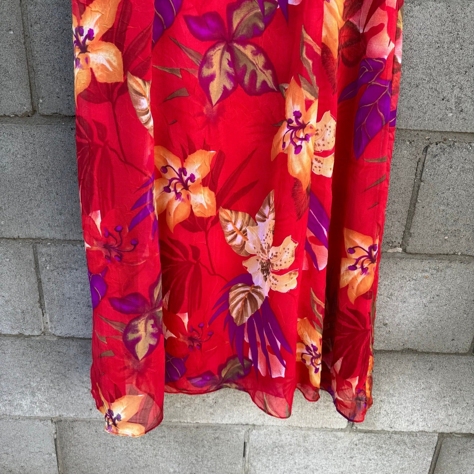 Maggie Sweet Vintage 90s Red Tropical Floral Chiffon Midi Dress Petite Small