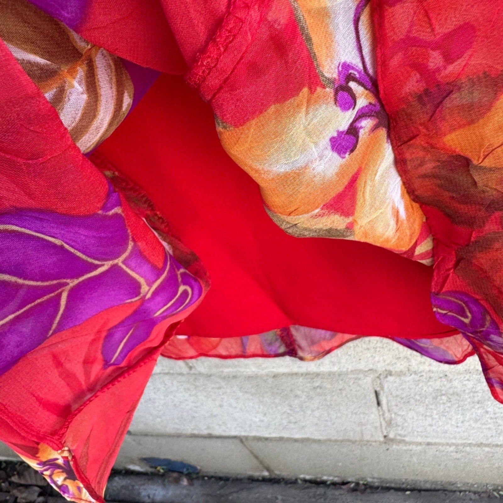 Maggie Sweet Vintage 90s Red Tropical Floral Chiffon Midi Dress Petite Small