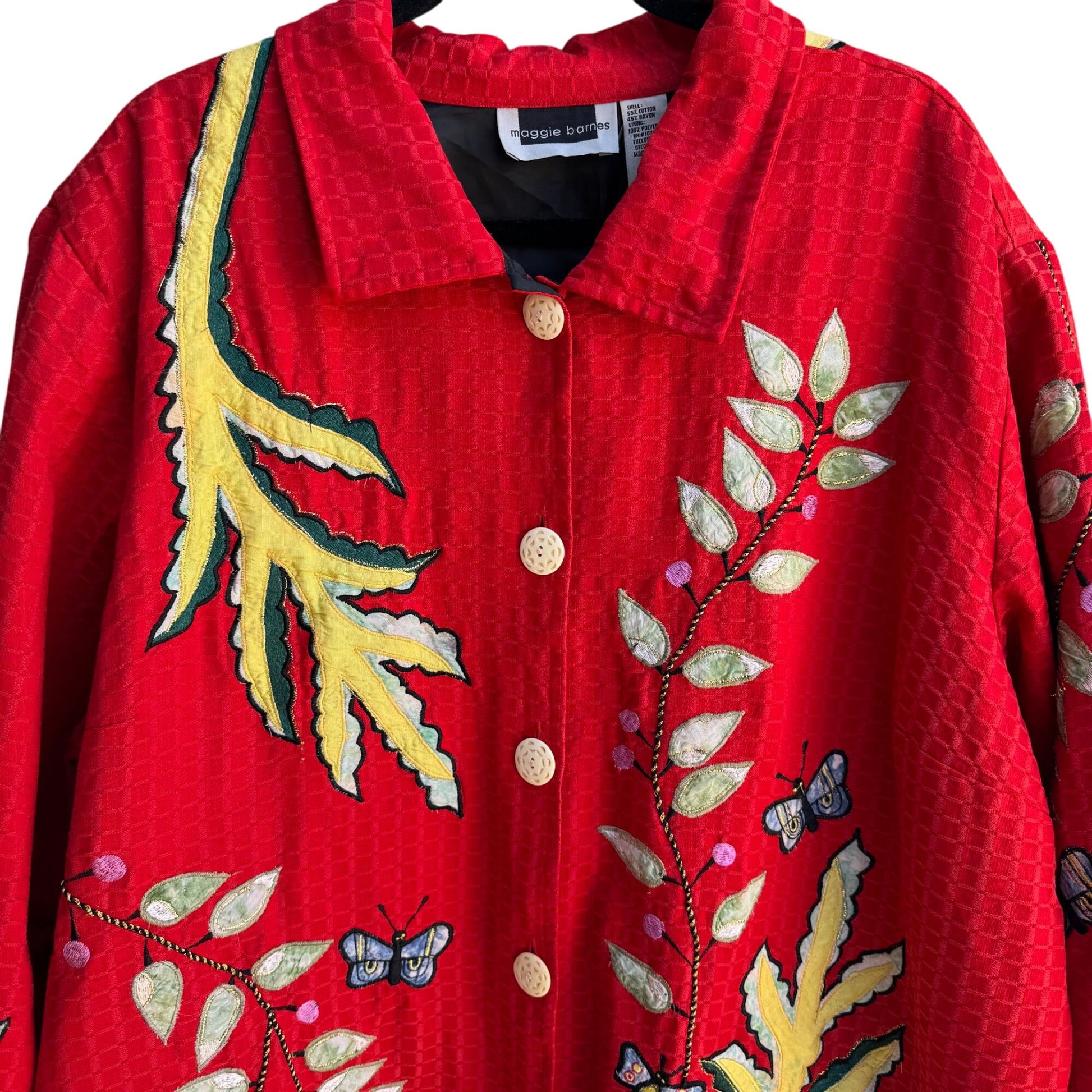 Maggie Barnes Red Embroidered Leaf Butterfly Quilted Button Long Sleeve Jacket 4X
