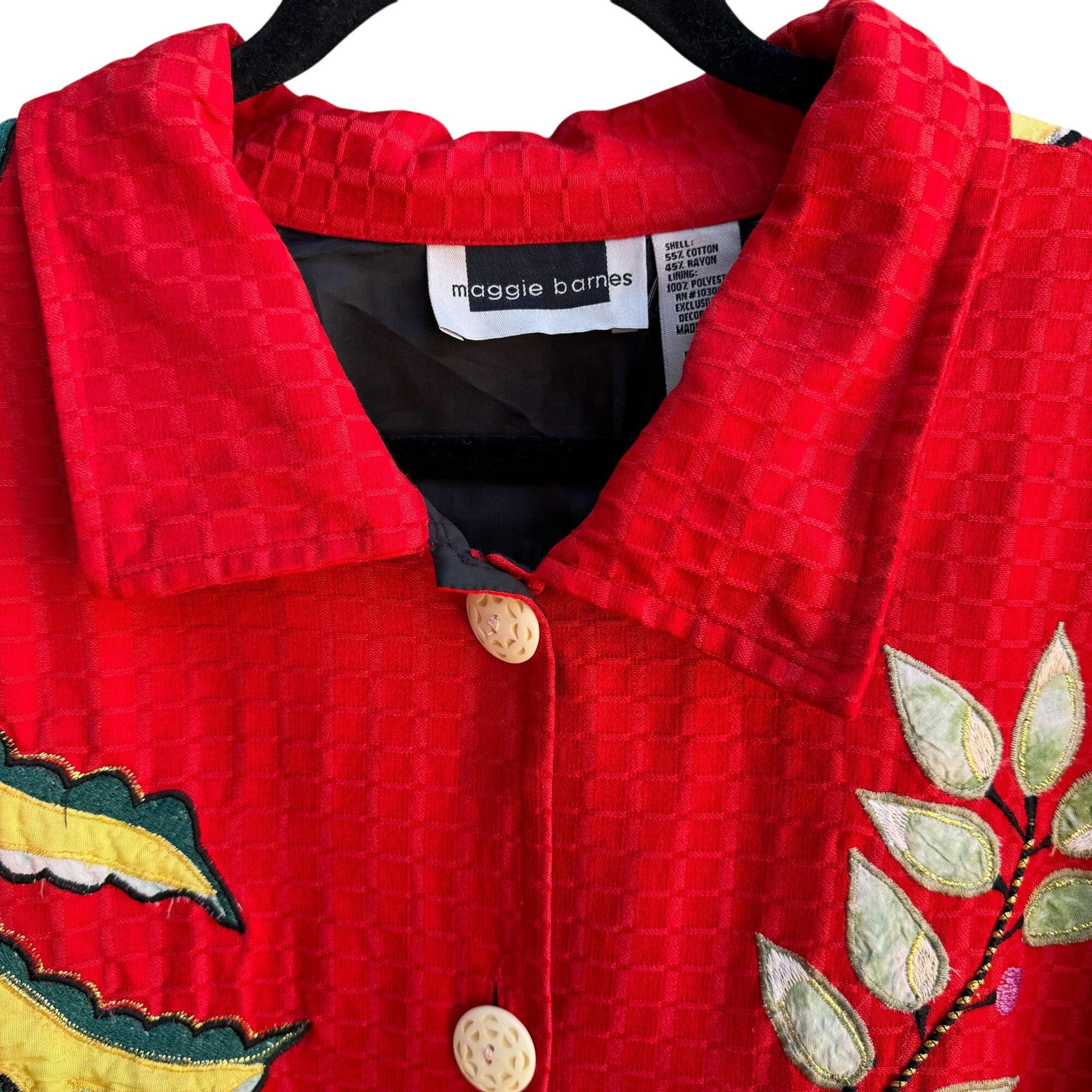 Maggie Barnes Red Embroidered Leaf Butterfly Quilted Button Long Sleeve Jacket 4X