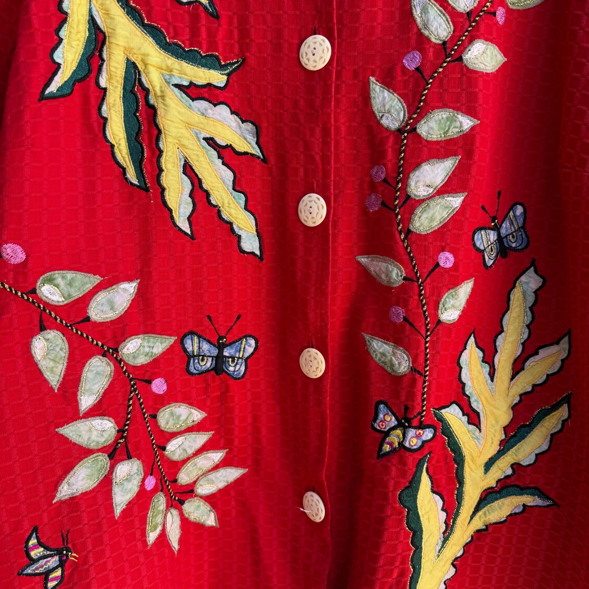 Maggie Barnes Red Embroidered Leaf Butterfly Quilted Button Long Sleeve Jacket 4X