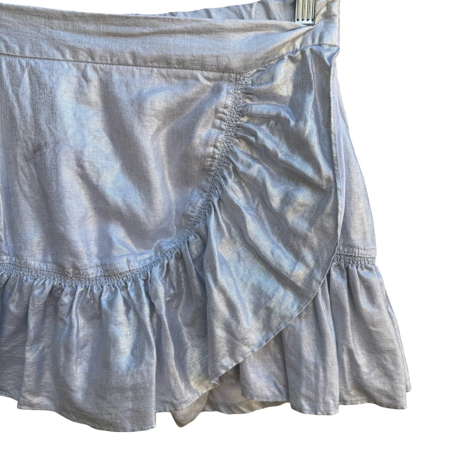 Zara Metallic Silver Ruffle Linen Blend Festival Disco Shiny Micro Mini Skort XS
