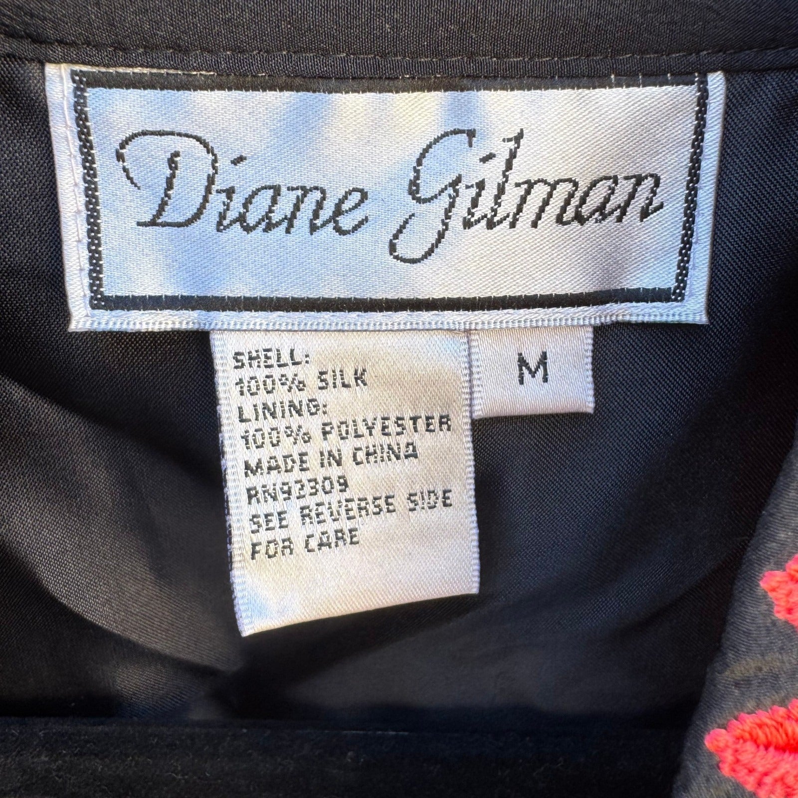 Diane Gilman Womens Black 100% Silk Embroidered Split Neck Blouse Top Size M NEW