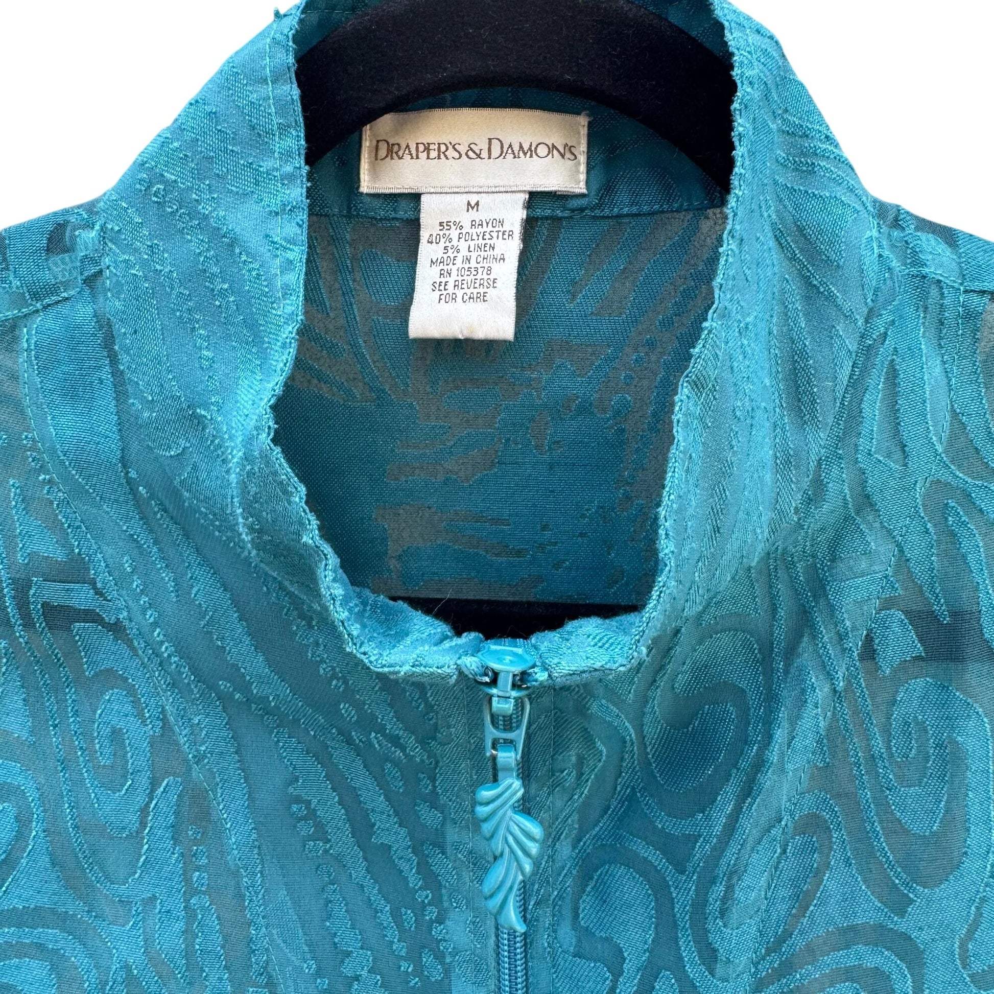 Drapers & Damons Sheer Teal Lightweight Floral Button Cuffs Zip Closure Jacket M