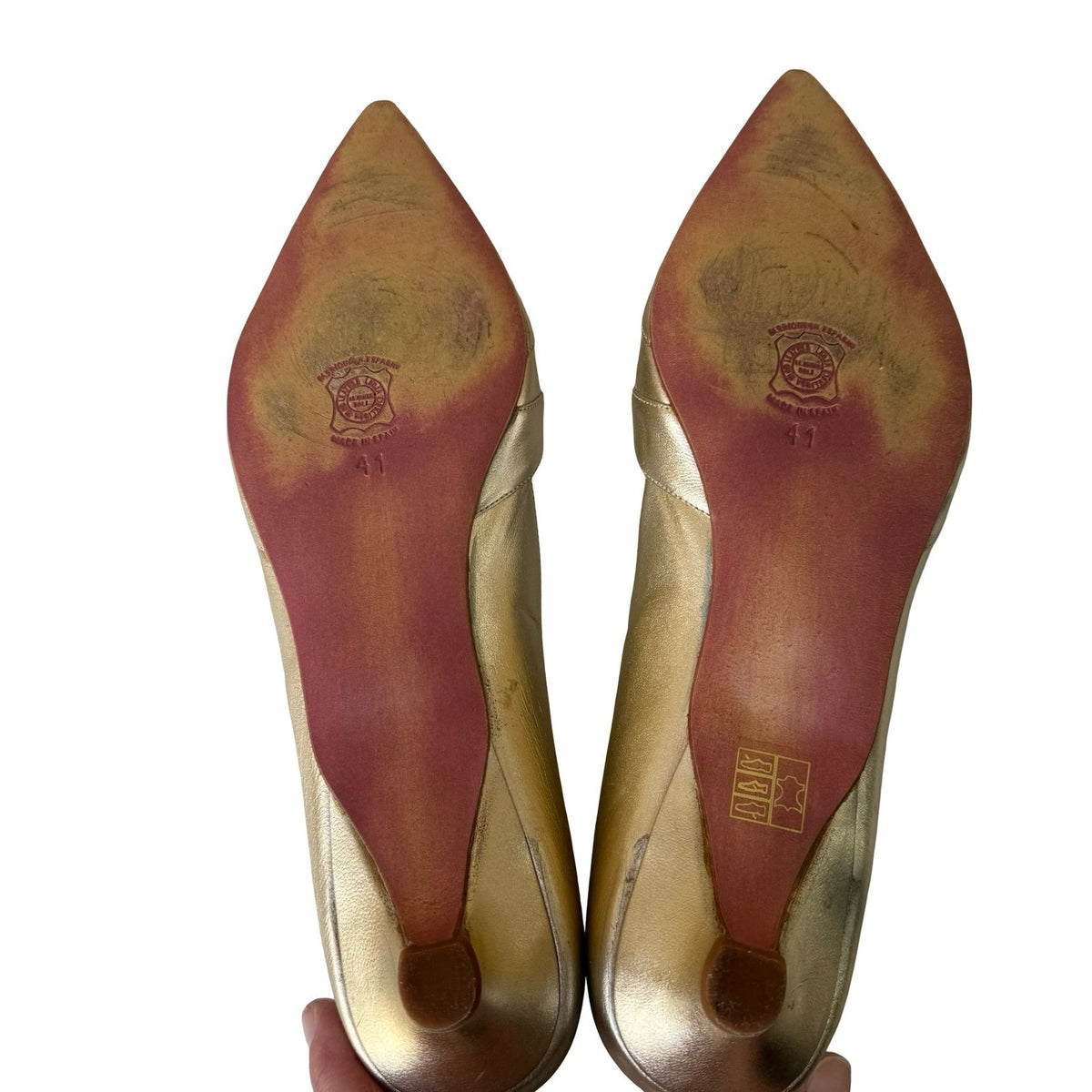 Karoline Vintage Leather Strappy Pointed Toe Kitten Heel Pumps Gold Womens 41