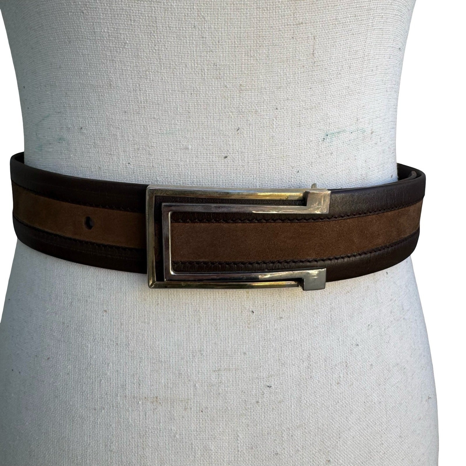 Brown Leather Suede Striped Belt 95 38 Silver Geometric Buckle Cuir Veritable