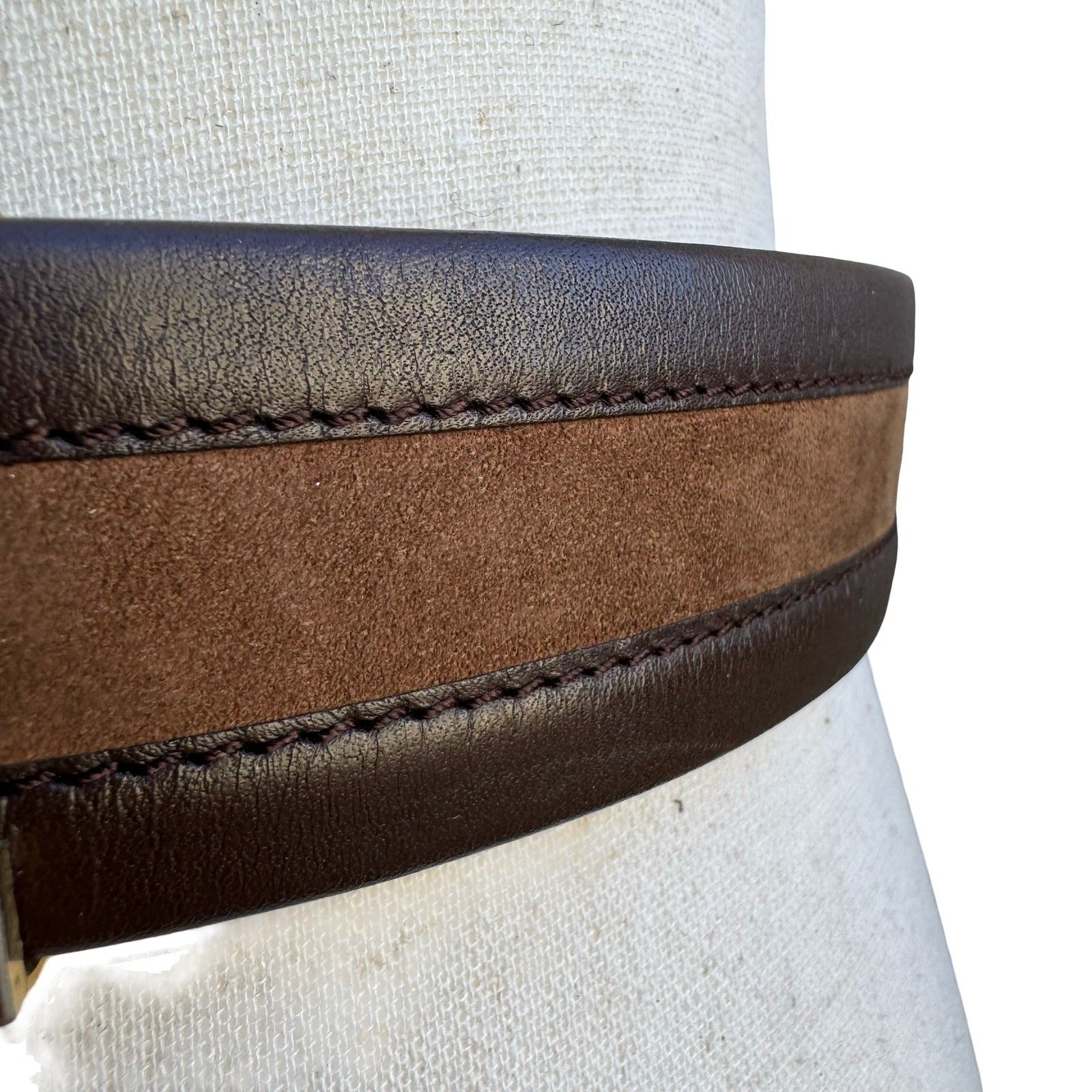 Brown Leather Suede Striped Belt 95 38 Silver Geometric Buckle Cuir Veritable
