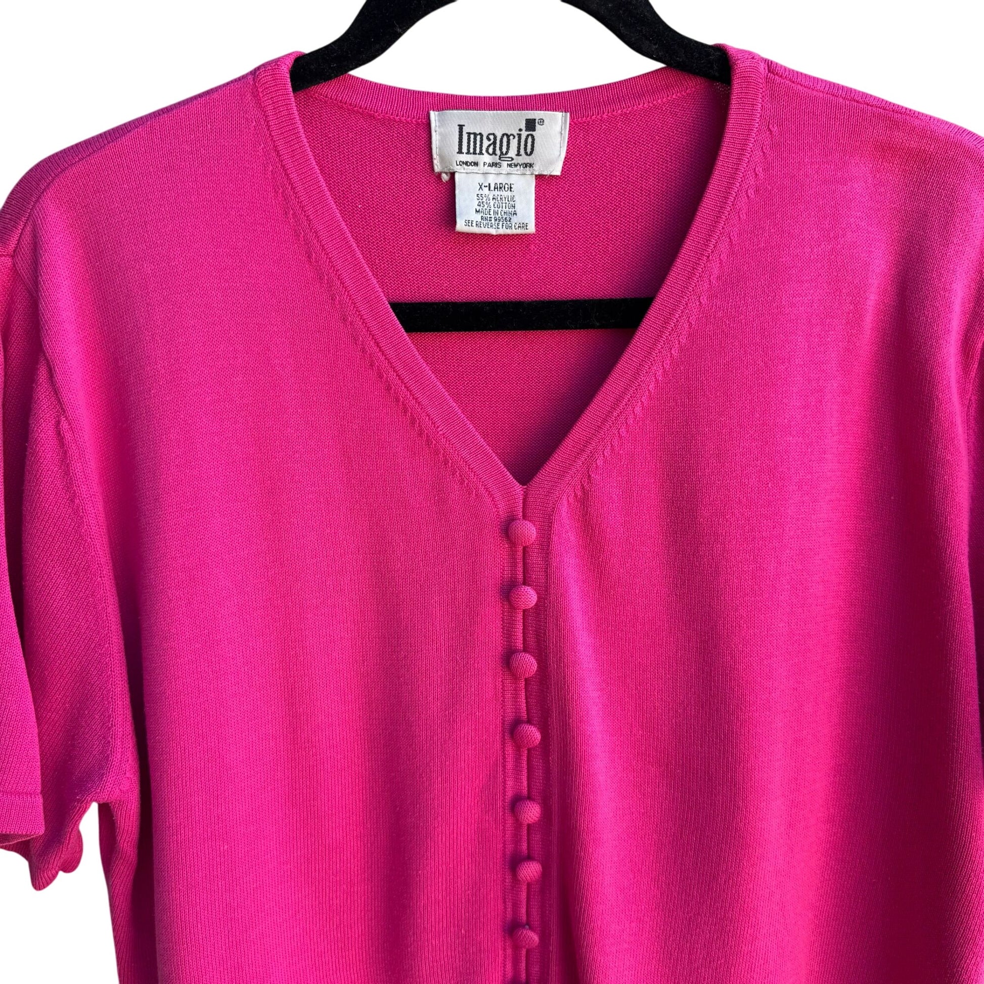 Imagio Vintage Womens Pink Button Tight Knit Short Sleeve Cardigan Sweater XL