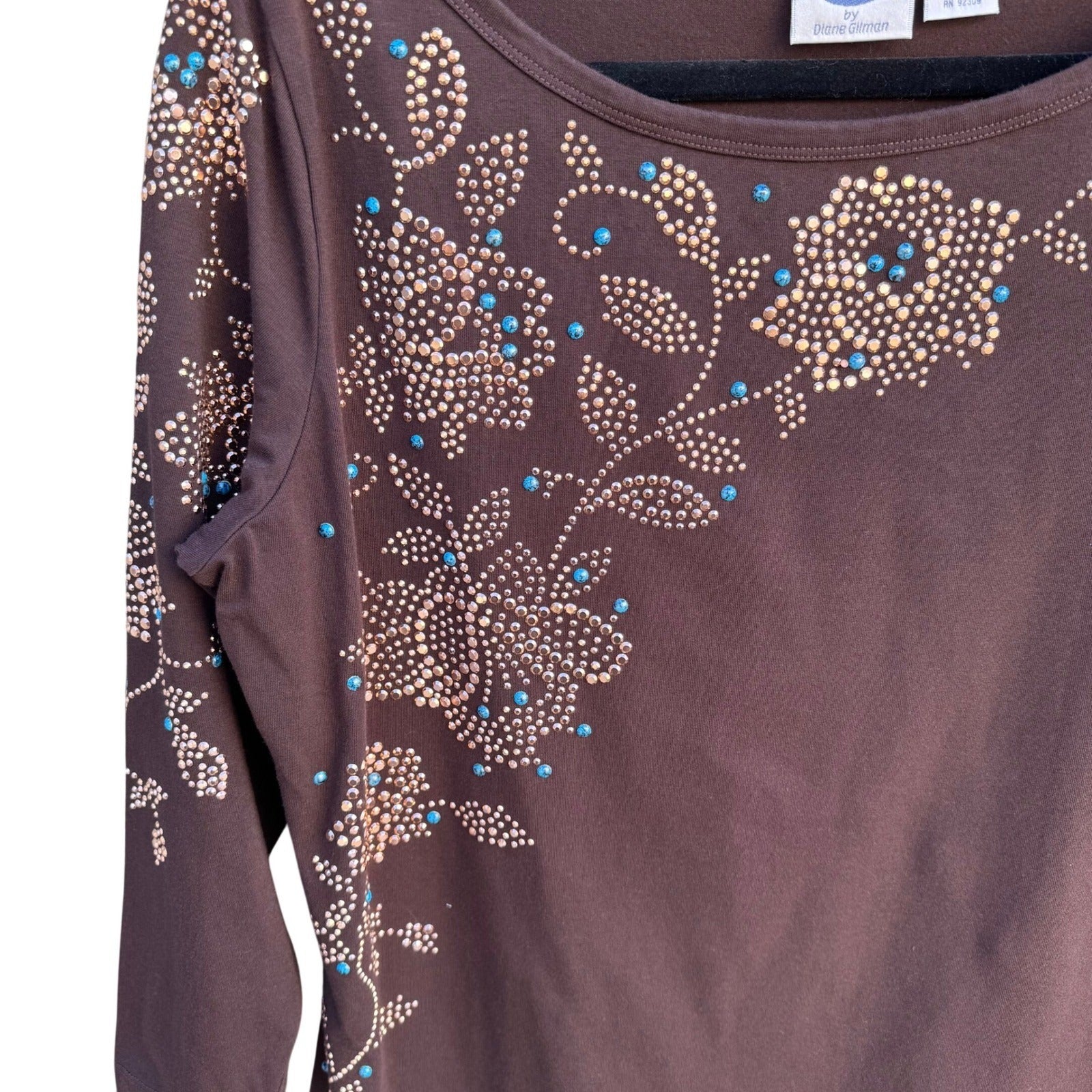 Diane Gilman DG2 Brown Studded Turquoise Boat Neck Floral 3/4 Sleeve Top Women M