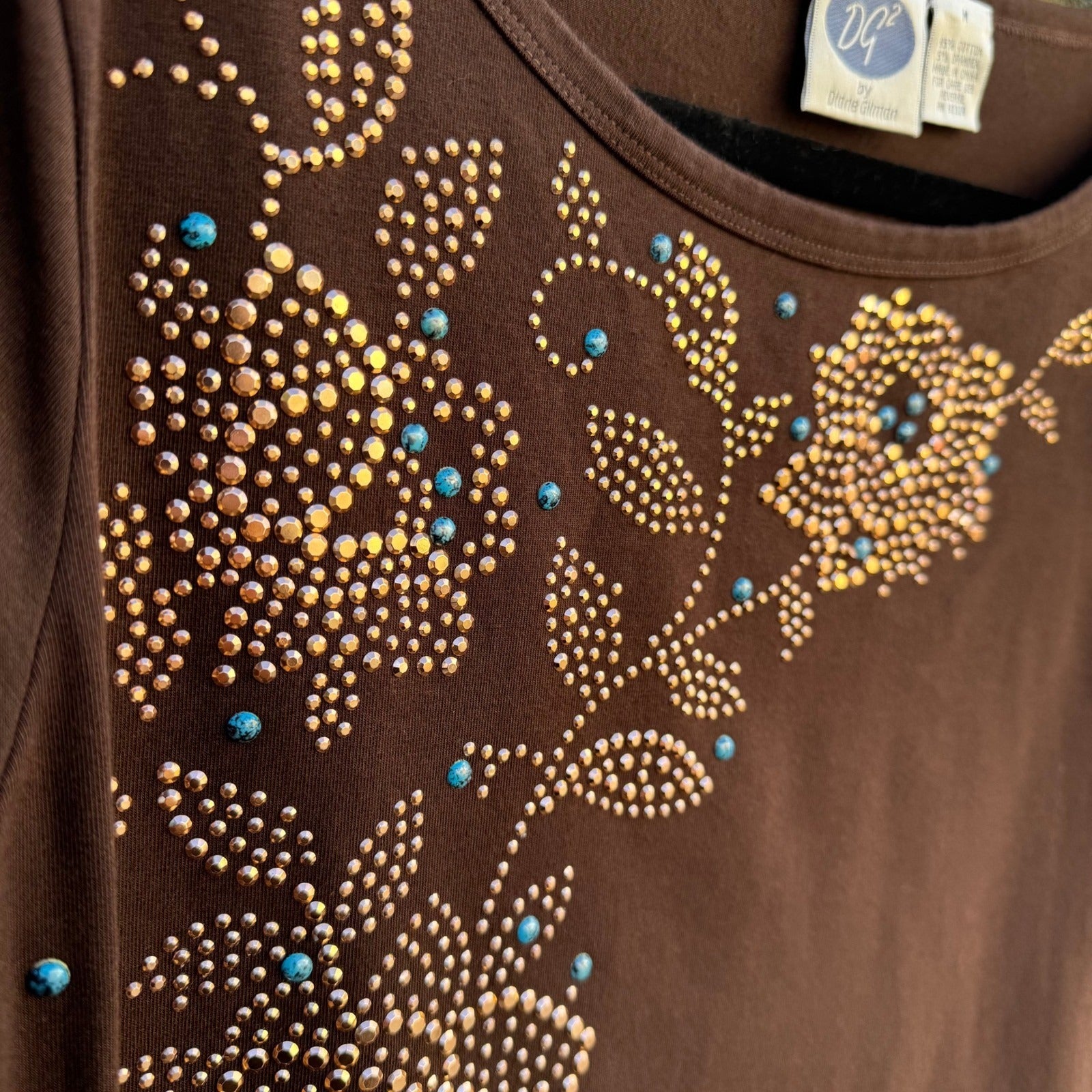 Diane Gilman DG2 Brown Studded Turquoise Boat Neck Floral 3/4 Sleeve Top Women M