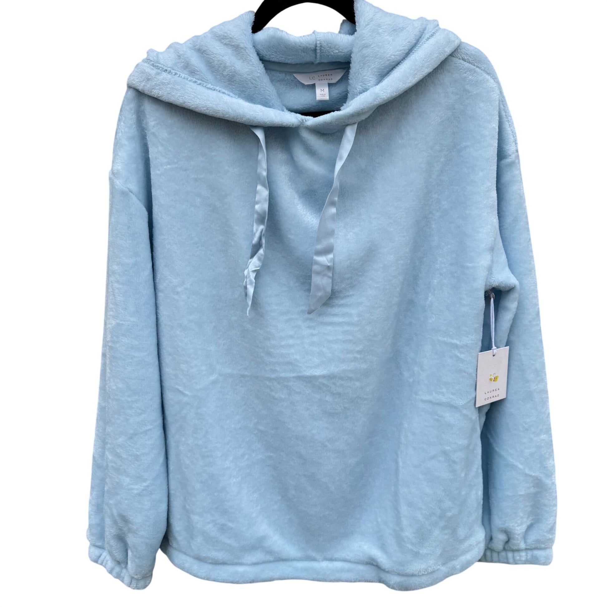 Lauren Conrad Blue Fuzzy Woobie Hoodie Sweatshirt Satin Drawstring Cozy Womens M
