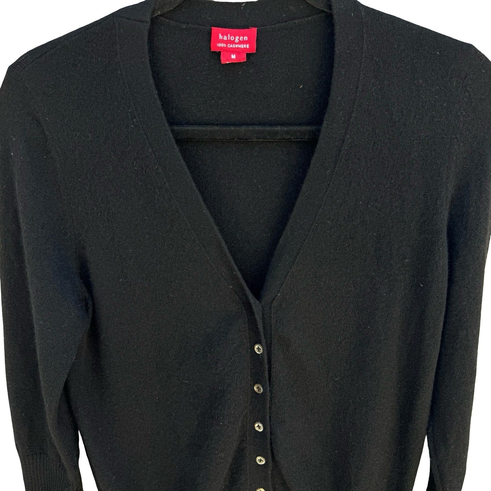 Halogen 100% Cashmere V-Neck Button Up Old Money Cardigan Sweater Womens M Black