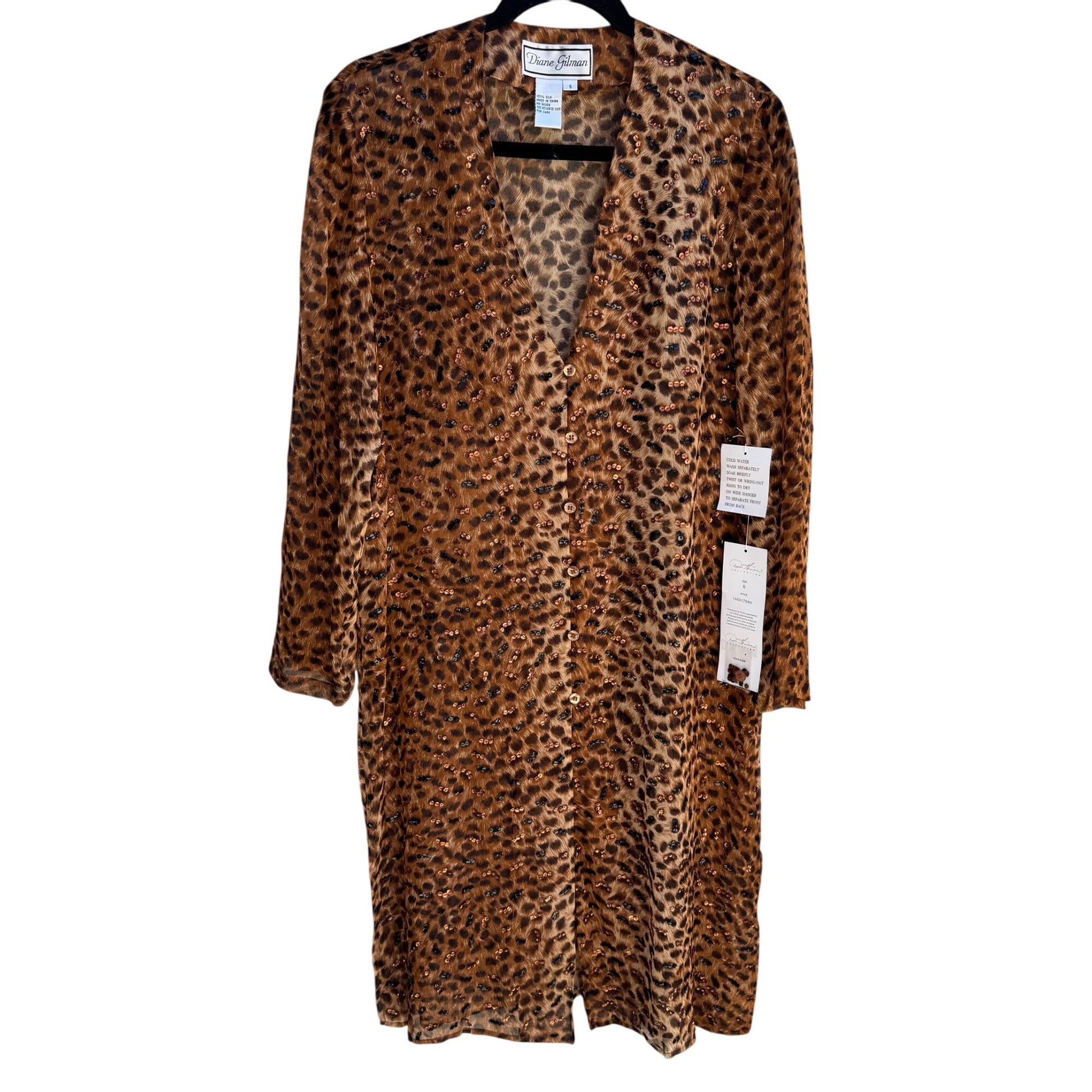 Diane Gilman Leopard Print Sequin Cardigan Duster Coat Silk Brown Black New S